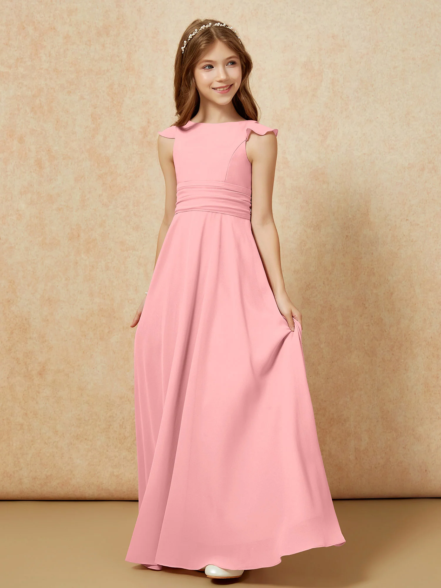 Jewel Neck Flutter Sleeves Chiffon Junior Bridesmaid Dresses Flamingo - Image 3