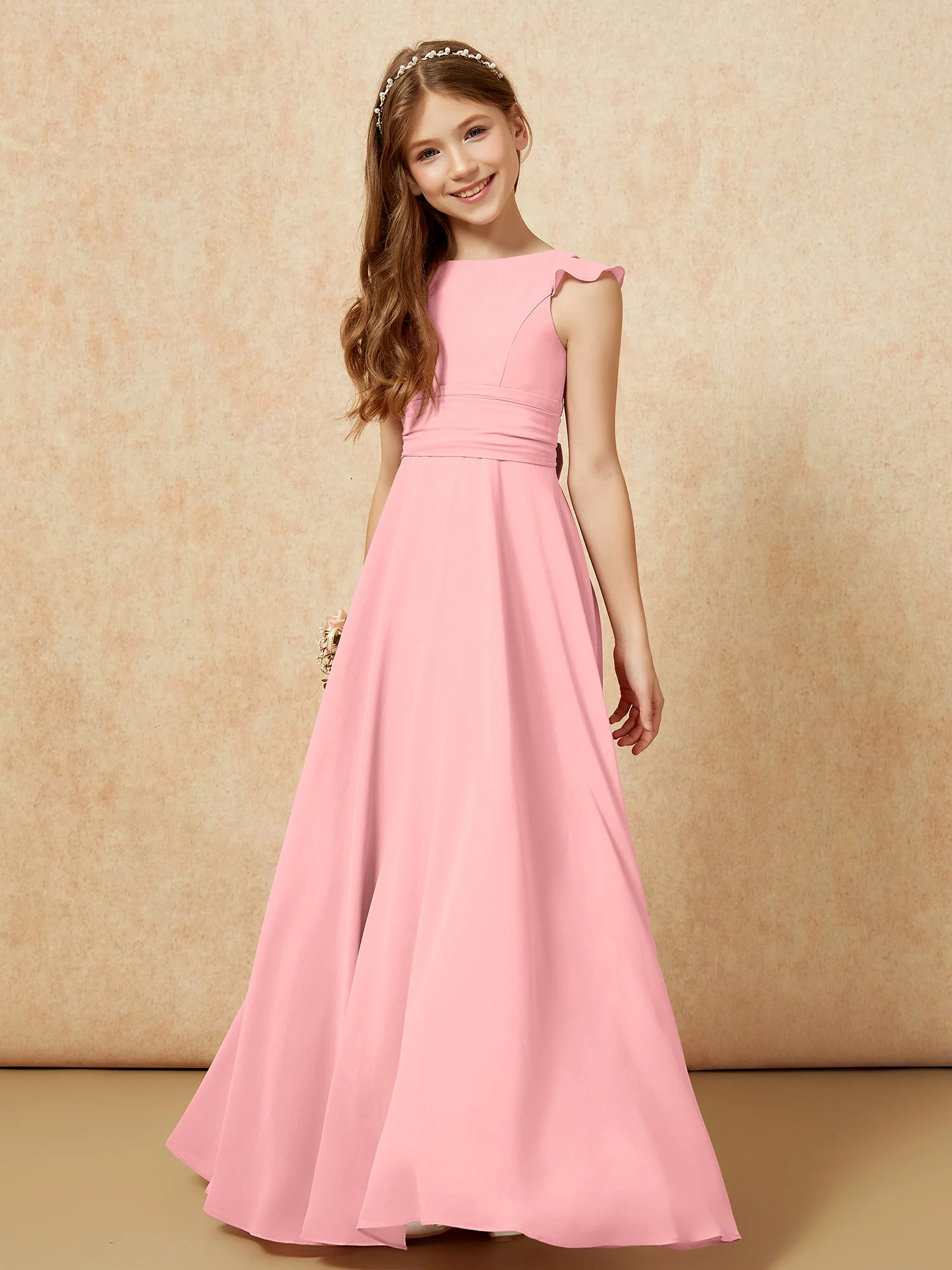 Jewel Neck Flutter Sleeves Chiffon Junior Bridesmaid Dresses Flamingo - Image 4