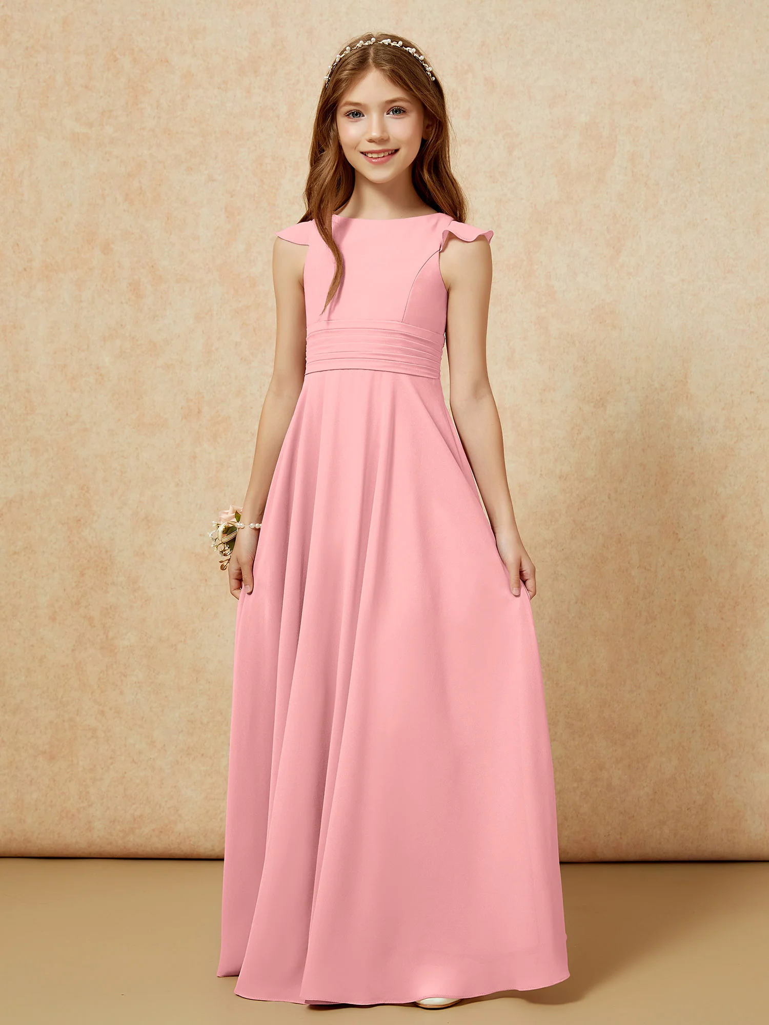 Jewel Neck Flutter Sleeves Chiffon Junior Bridesmaid Dresses Flamingo - Image 6