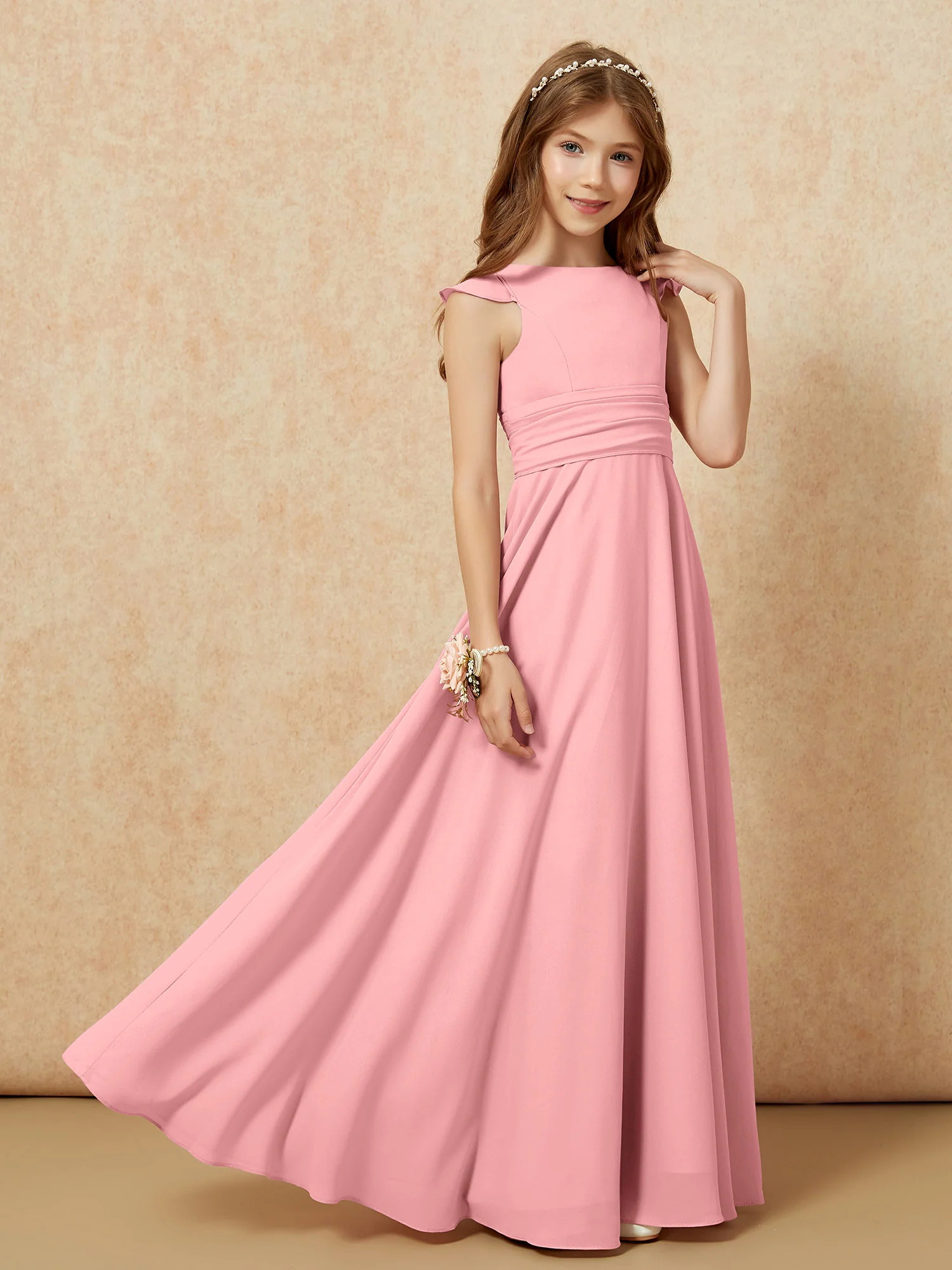 Jewel Neck Flutter Sleeves Chiffon Junior Bridesmaid Dresses Flamingo - Image 7