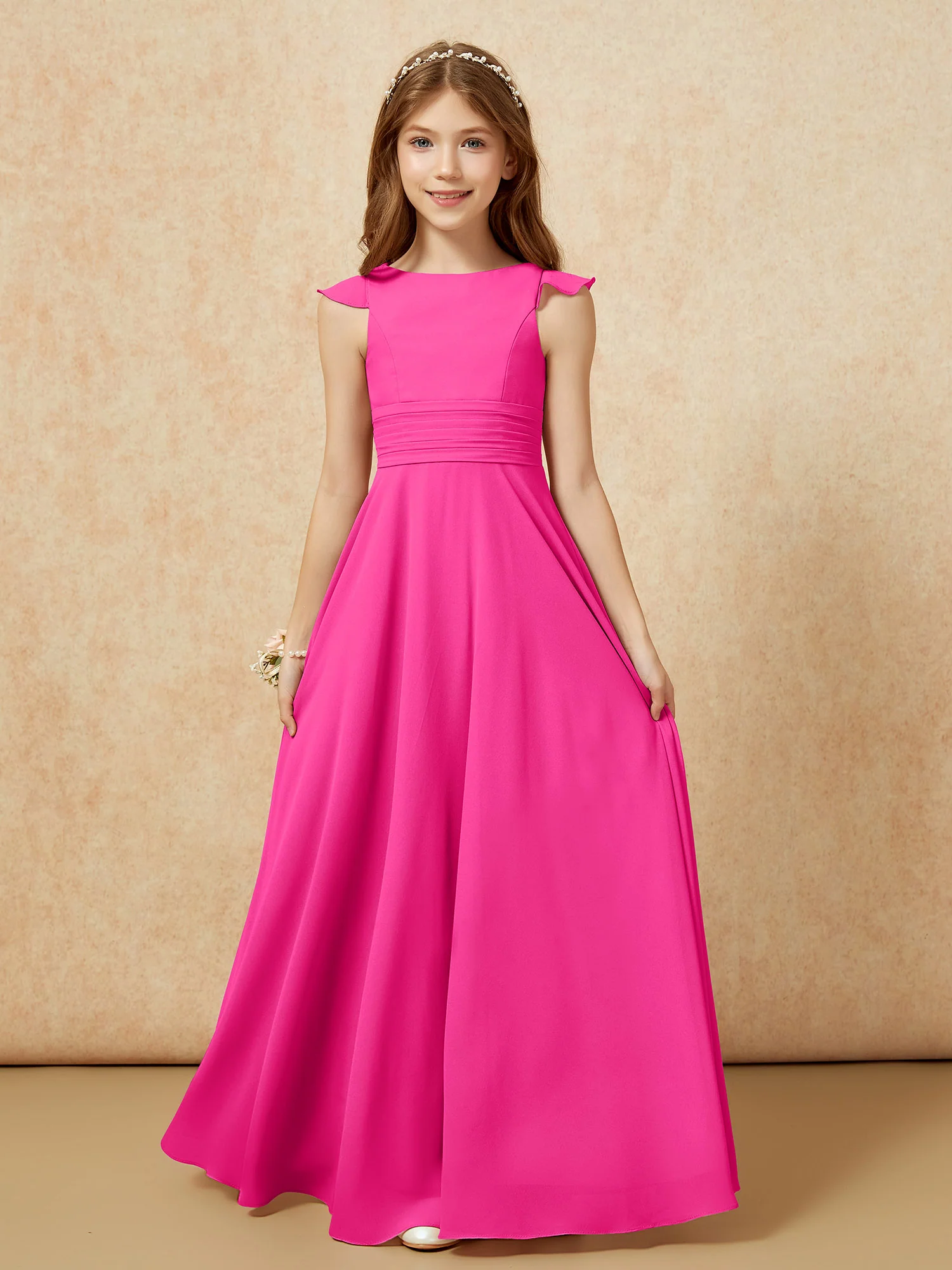 Jewel Neck Flutter Sleeves Chiffon Junior Bridesmaid Dresses Fuchsia