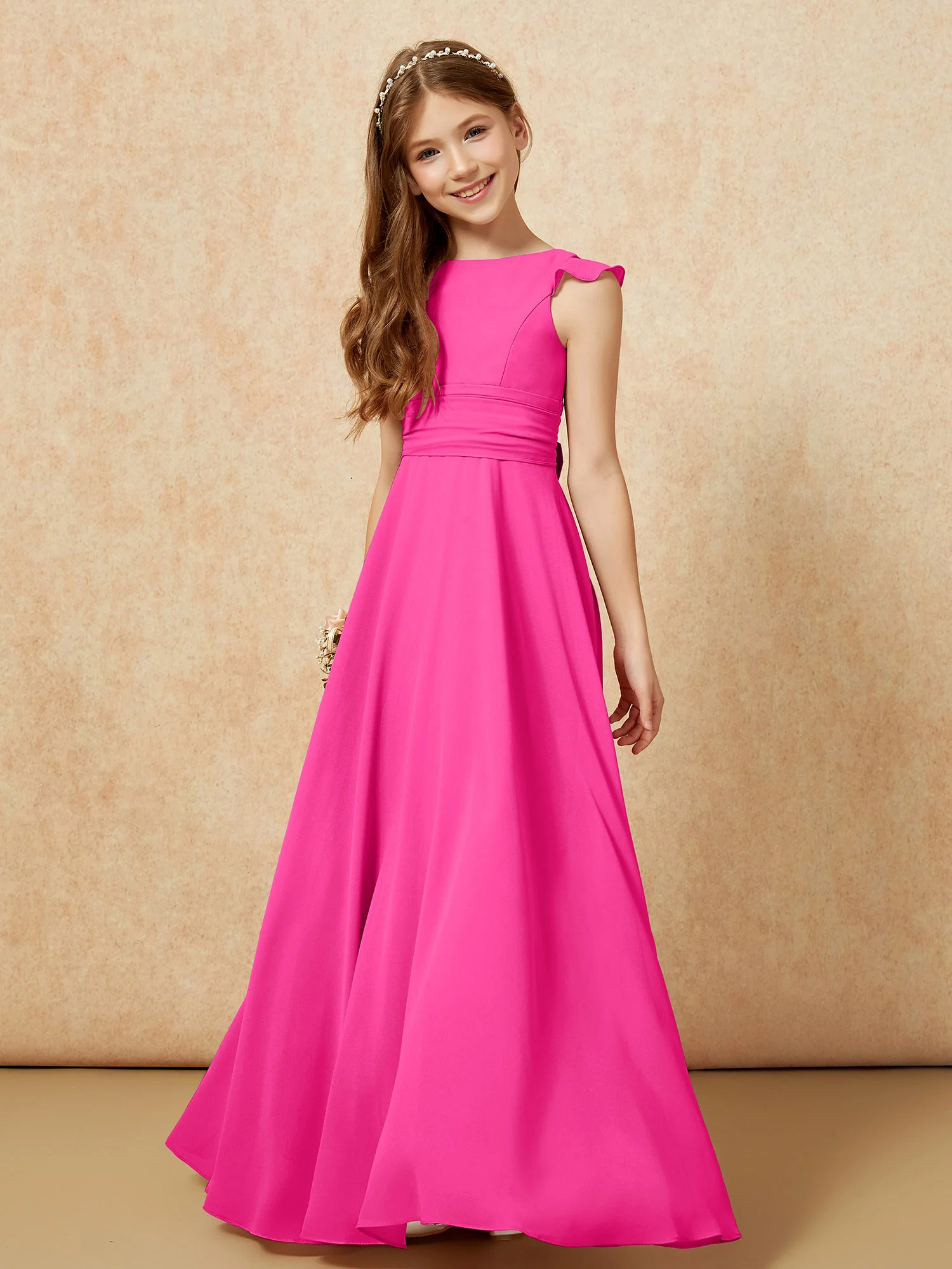 Jewel Neck Flutter Sleeves Chiffon Junior Bridesmaid Dresses Fuchsia - Image 4