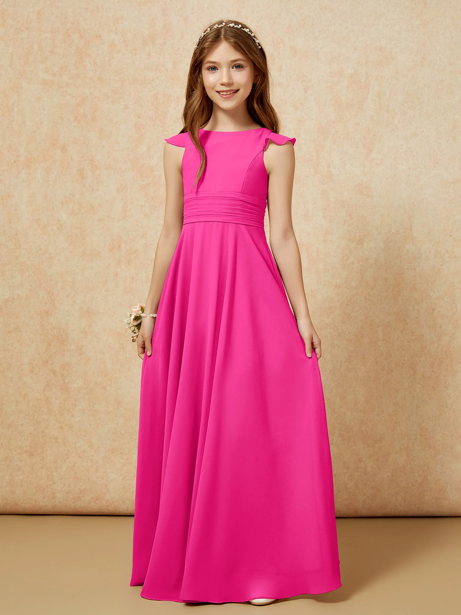 Jewel Neck Flutter Sleeves Chiffon Junior Bridesmaid Dresses Fuchsia - Image 6