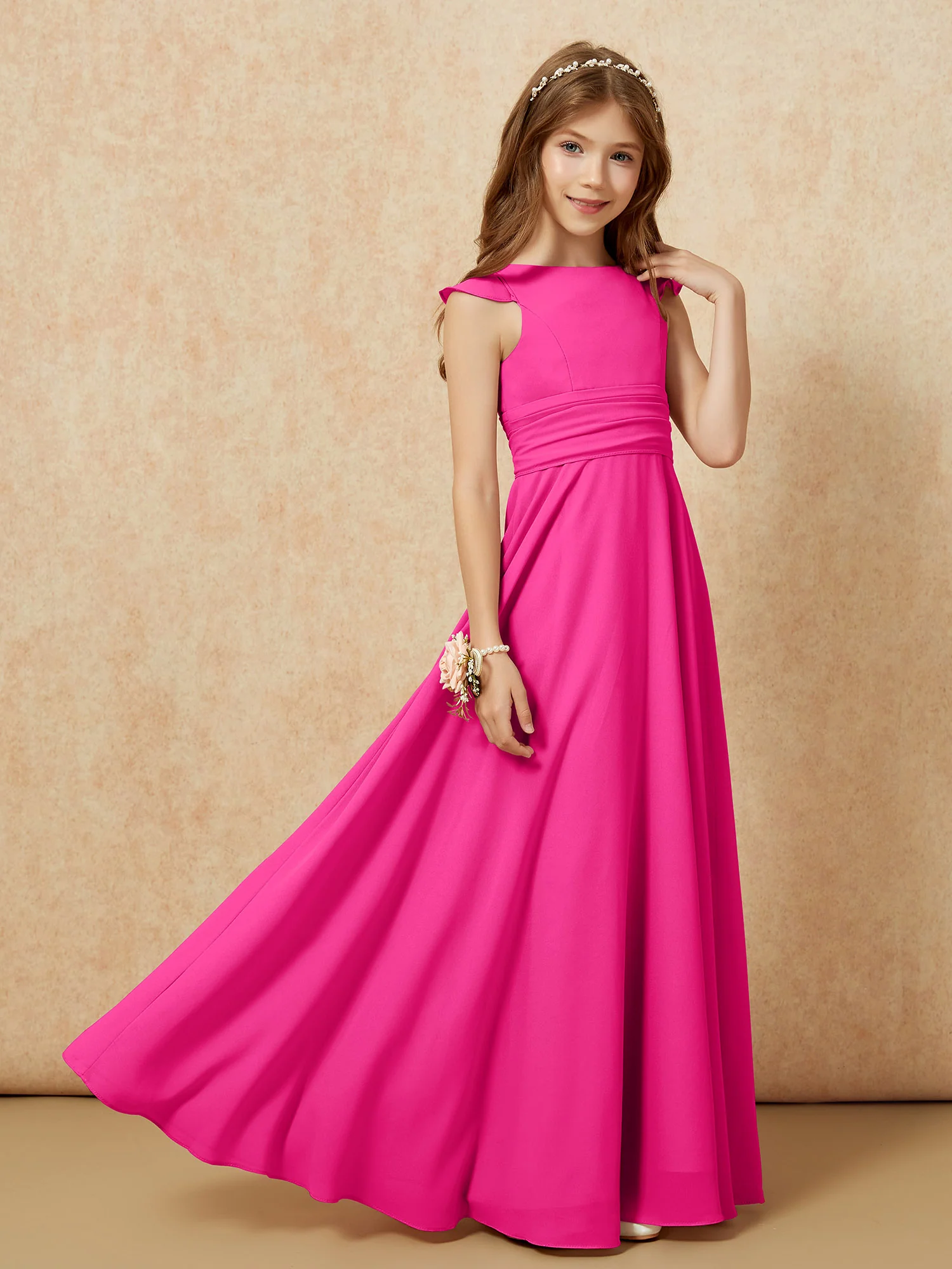 Jewel Neck Flutter Sleeves Chiffon Junior Bridesmaid Dresses Fuchsia - Image 7