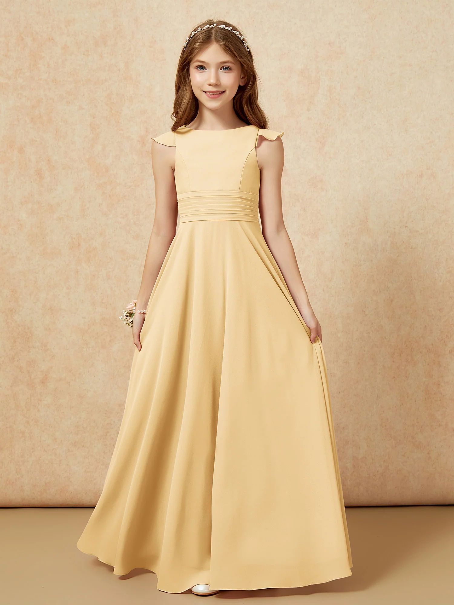 Jewel Neck Flutter Sleeves Chiffon Junior Bridesmaid Dresses Gold