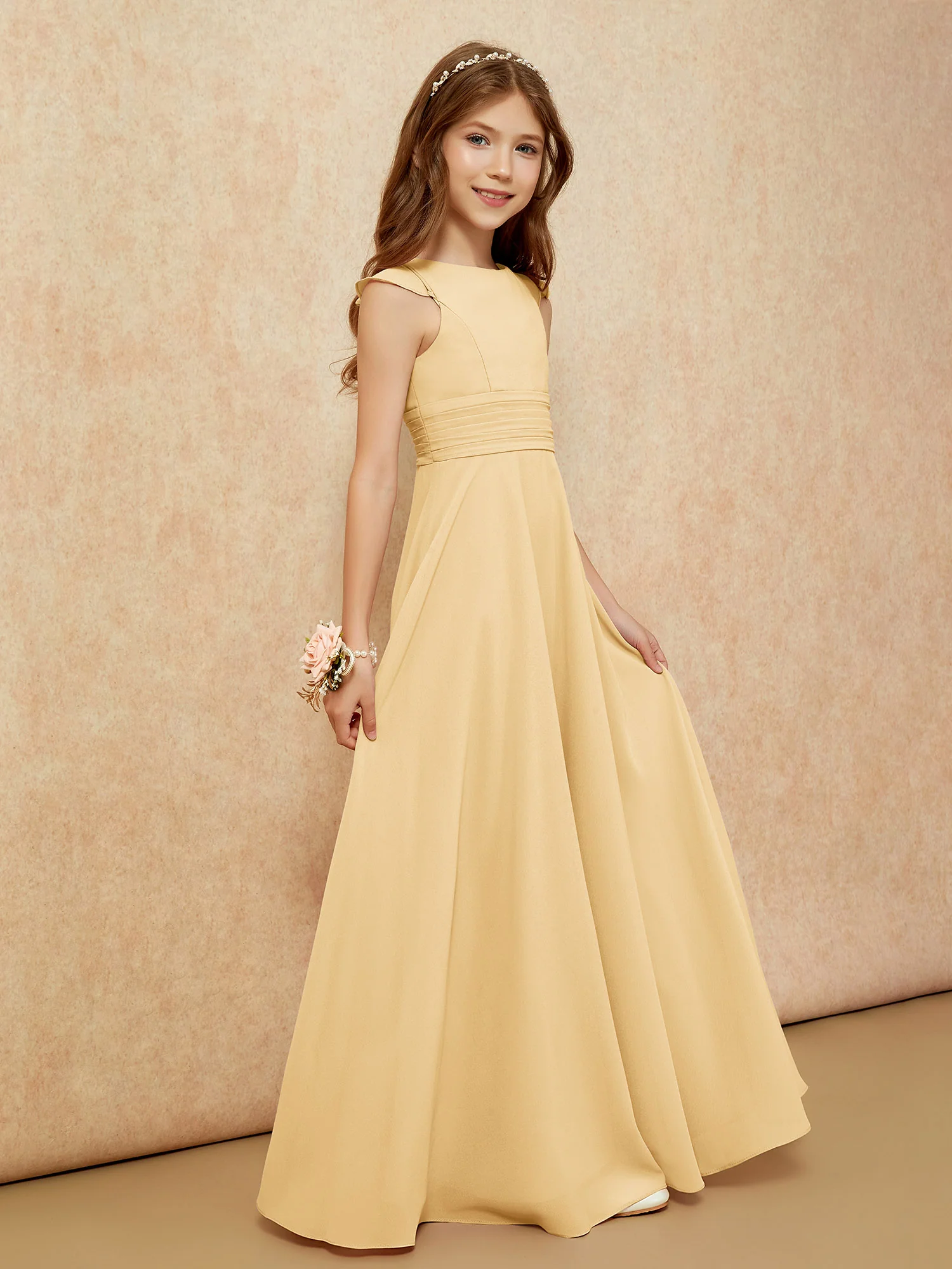 Jewel Neck Flutter Sleeves Chiffon Junior Bridesmaid Dresses Gold - Image 5