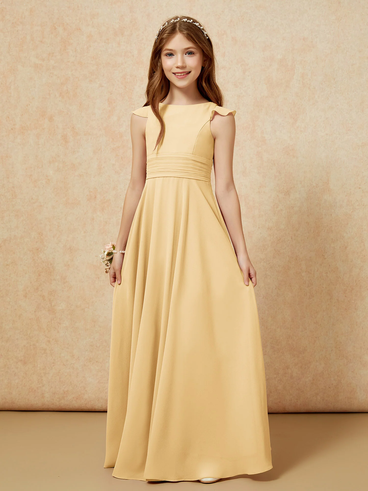Jewel Neck Flutter Sleeves Chiffon Junior Bridesmaid Dresses Gold - Image 6