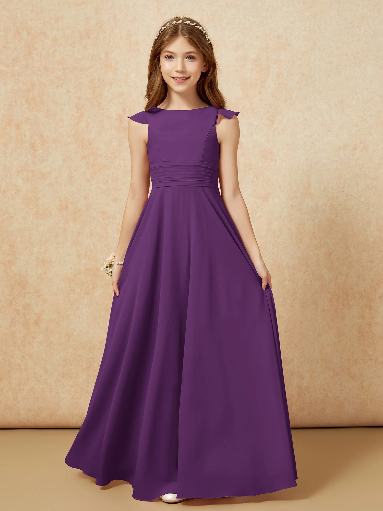 Jewel Neck Flutter Sleeves Chiffon Junior Bridesmaid Dresses Grape