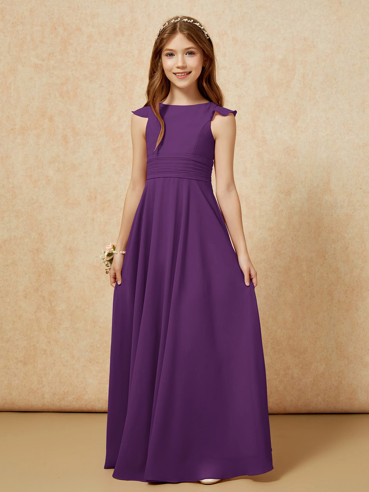 Jewel Neck Flutter Sleeves Chiffon Junior Bridesmaid Dresses Grape - Image 6