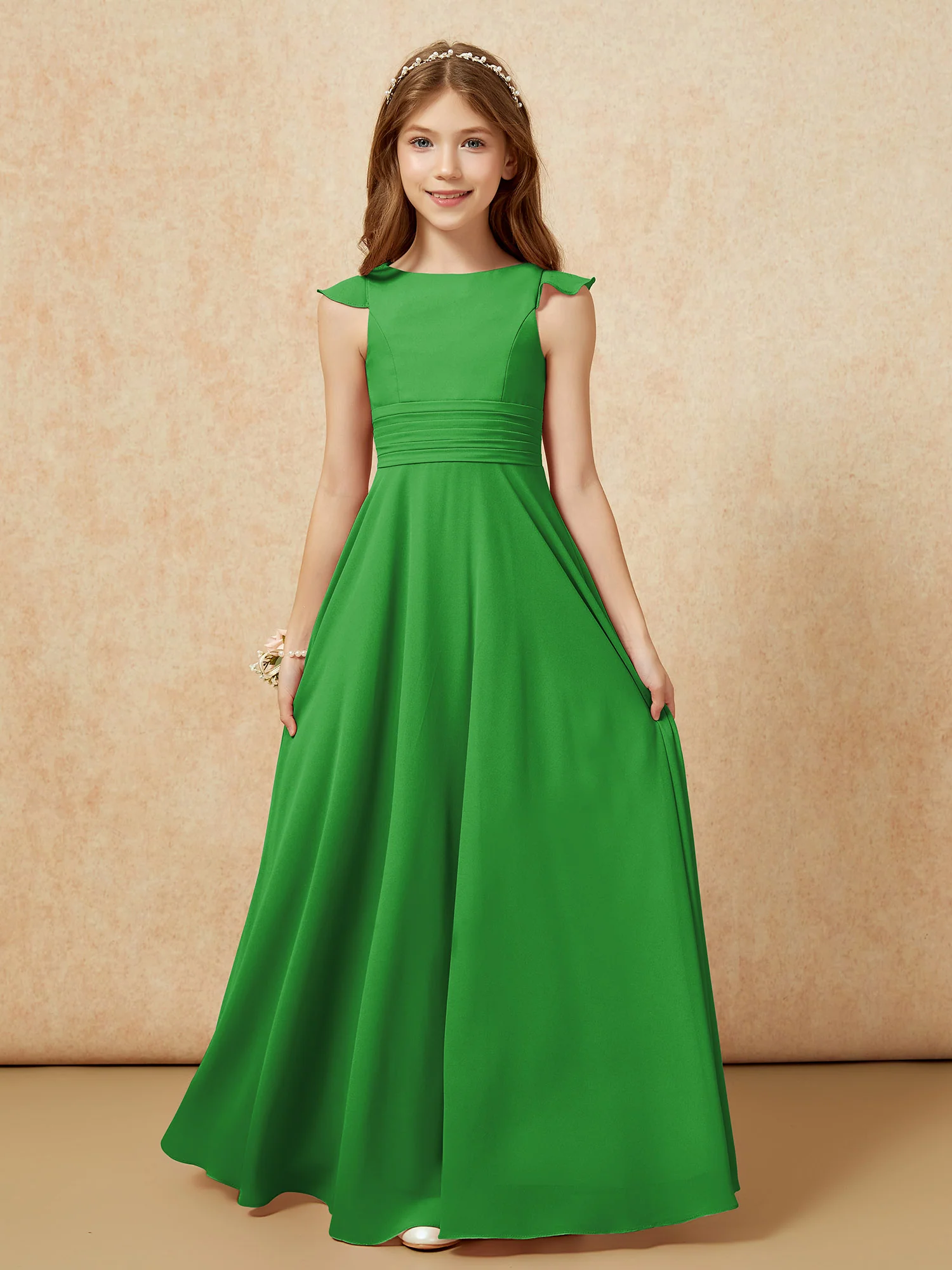 Jewel Neck Flutter Sleeves Chiffon Junior Bridesmaid Dresses Green