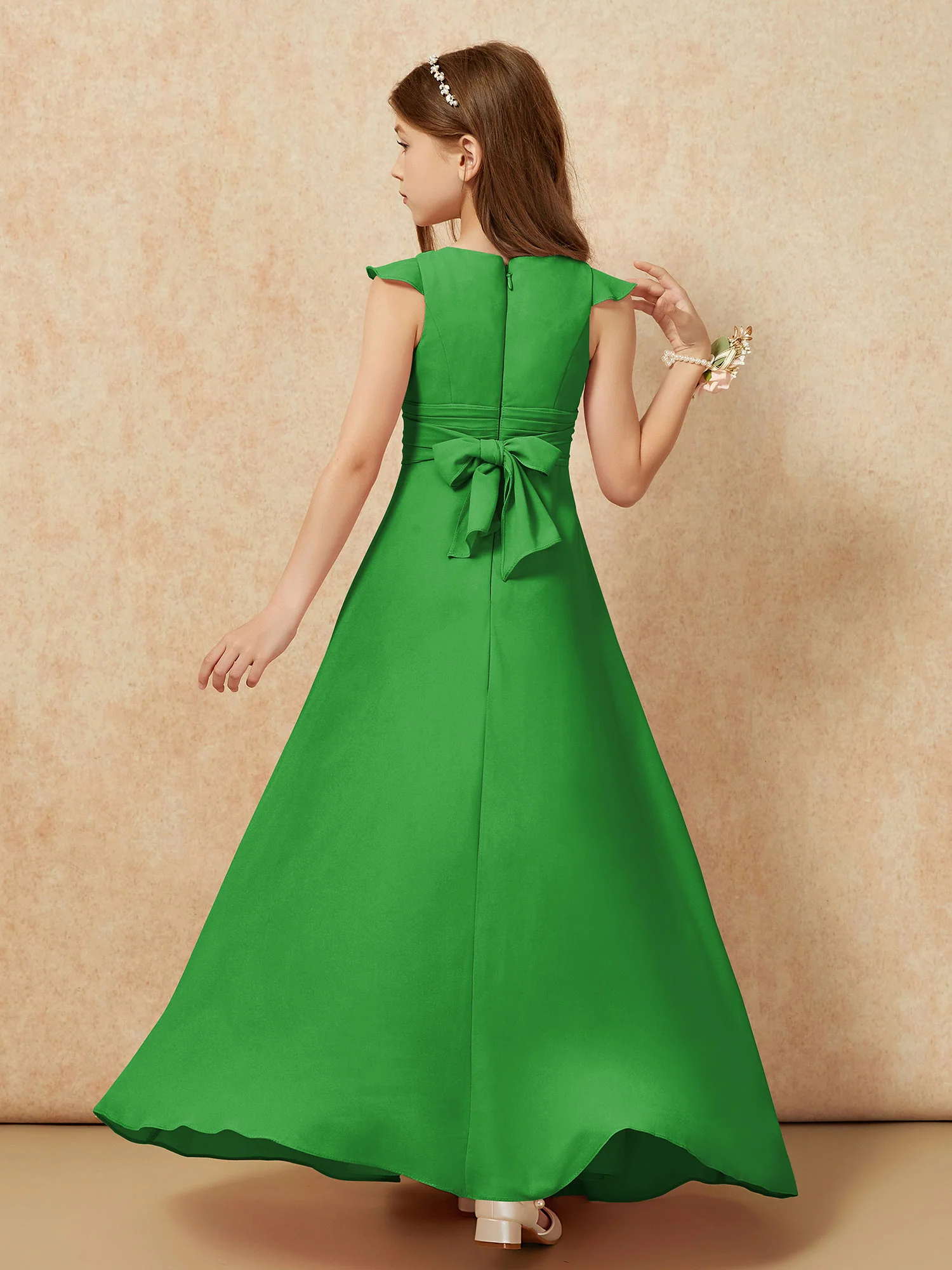 Jewel Neck Flutter Sleeves Chiffon Junior Bridesmaid Dresses Green - Image 2