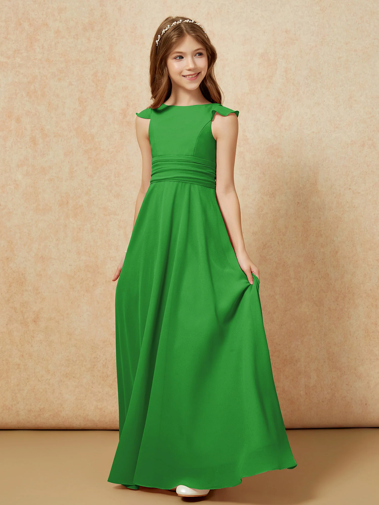 Jewel Neck Flutter Sleeves Chiffon Junior Bridesmaid Dresses Green - Image 3