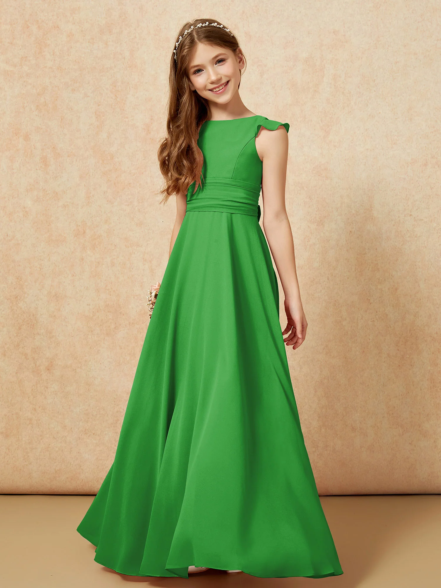 Jewel Neck Flutter Sleeves Chiffon Junior Bridesmaid Dresses Green - Image 4