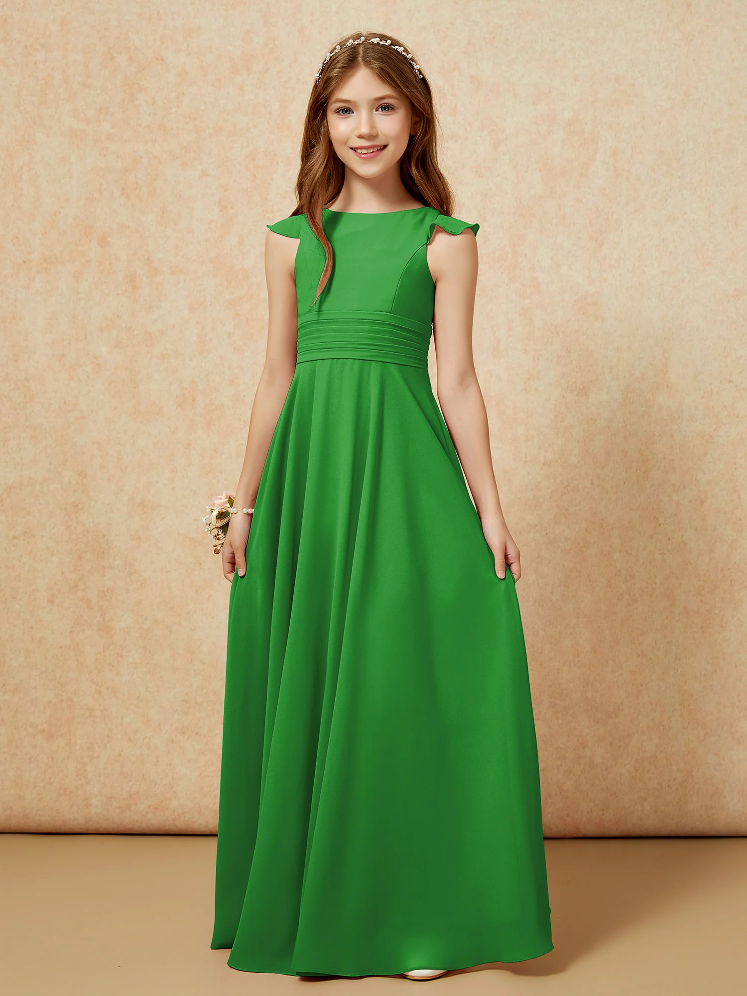 Jewel Neck Flutter Sleeves Chiffon Junior Bridesmaid Dresses Green - Image 6