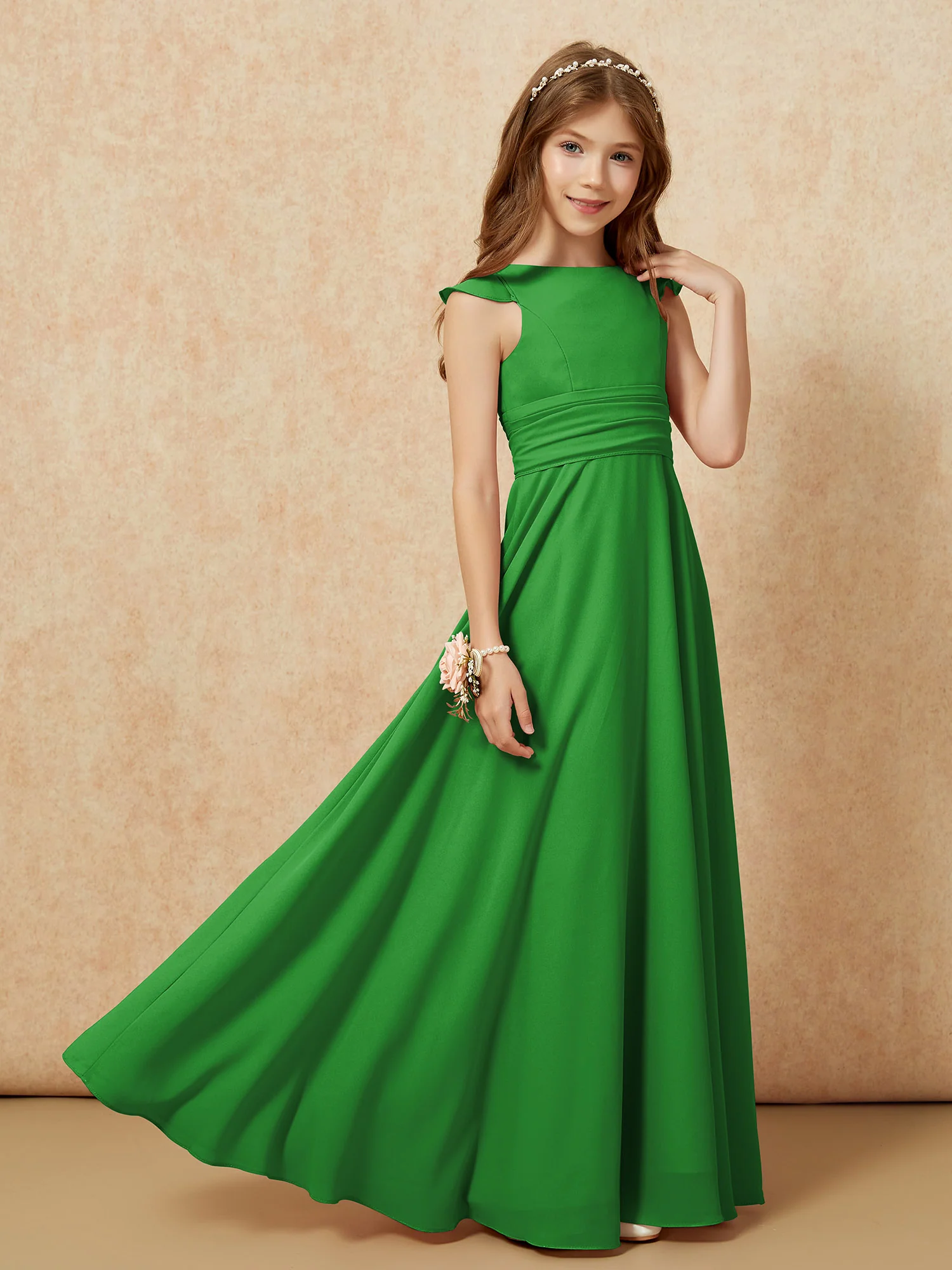 Jewel Neck Flutter Sleeves Chiffon Junior Bridesmaid Dresses Green - Image 7
