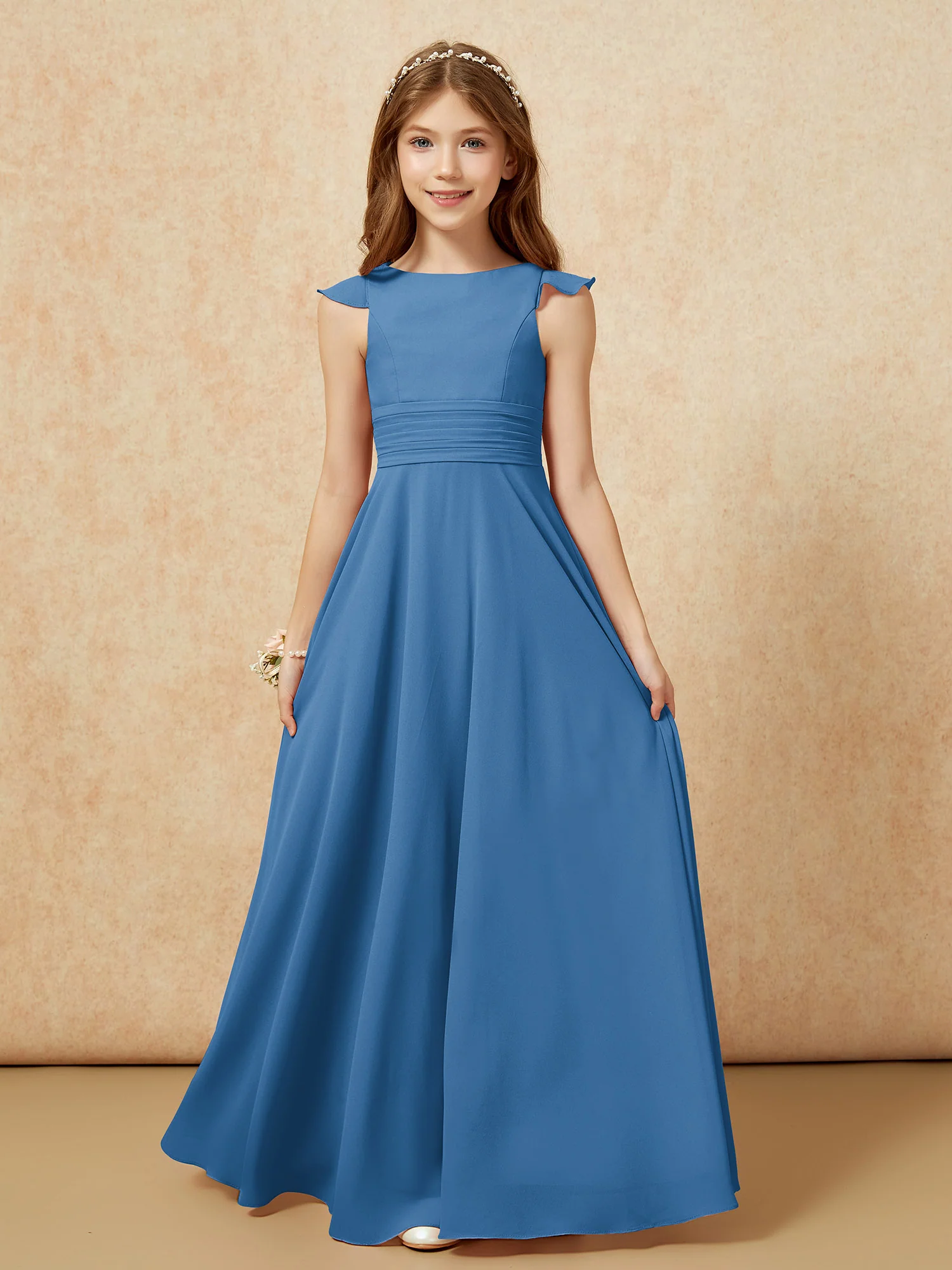 Jewel Neck Flutter Sleeves Chiffon Junior Bridesmaid Dresses Ink Blue