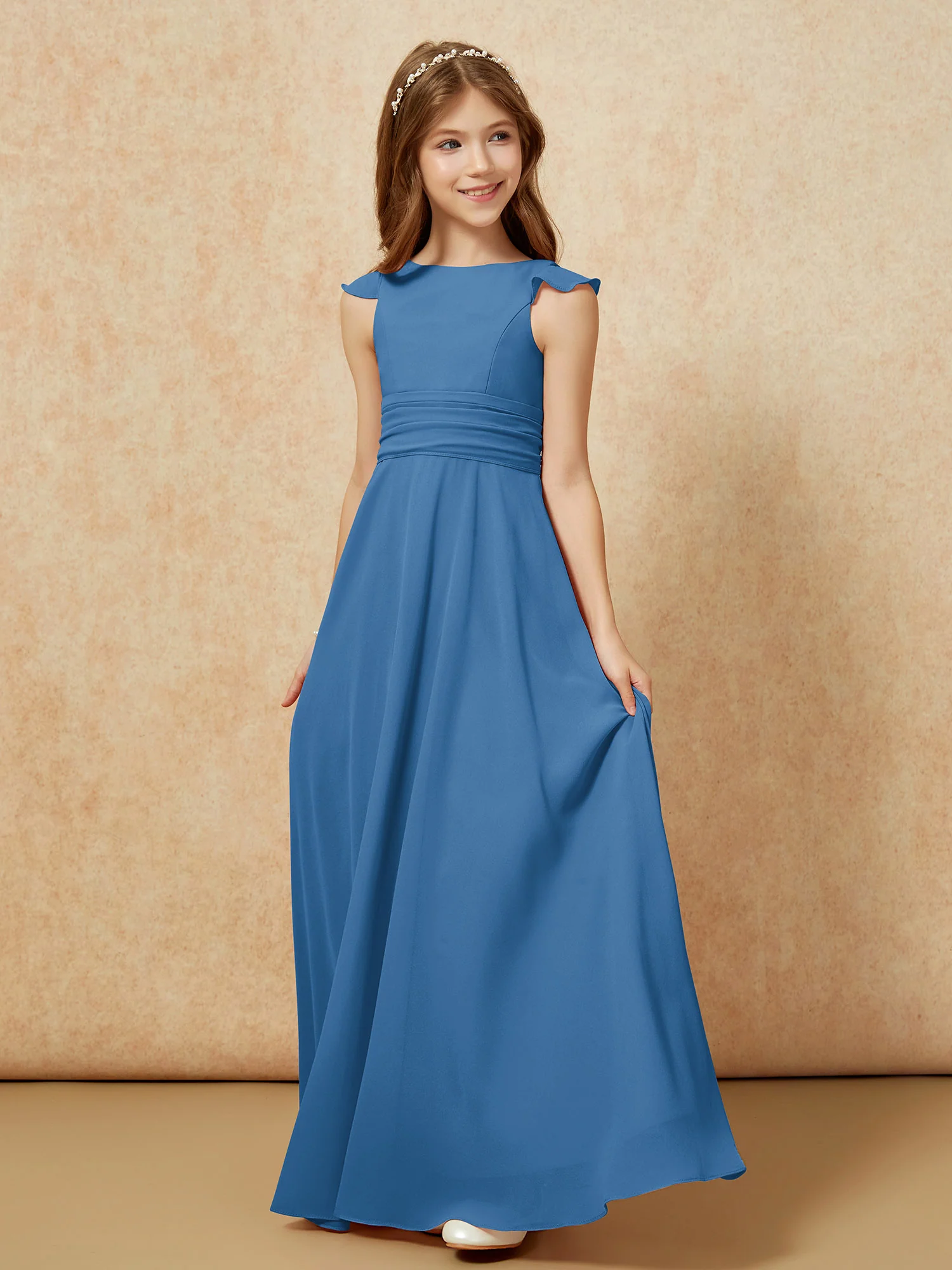 Jewel Neck Flutter Sleeves Chiffon Junior Bridesmaid Dresses Ink Blue - Image 3