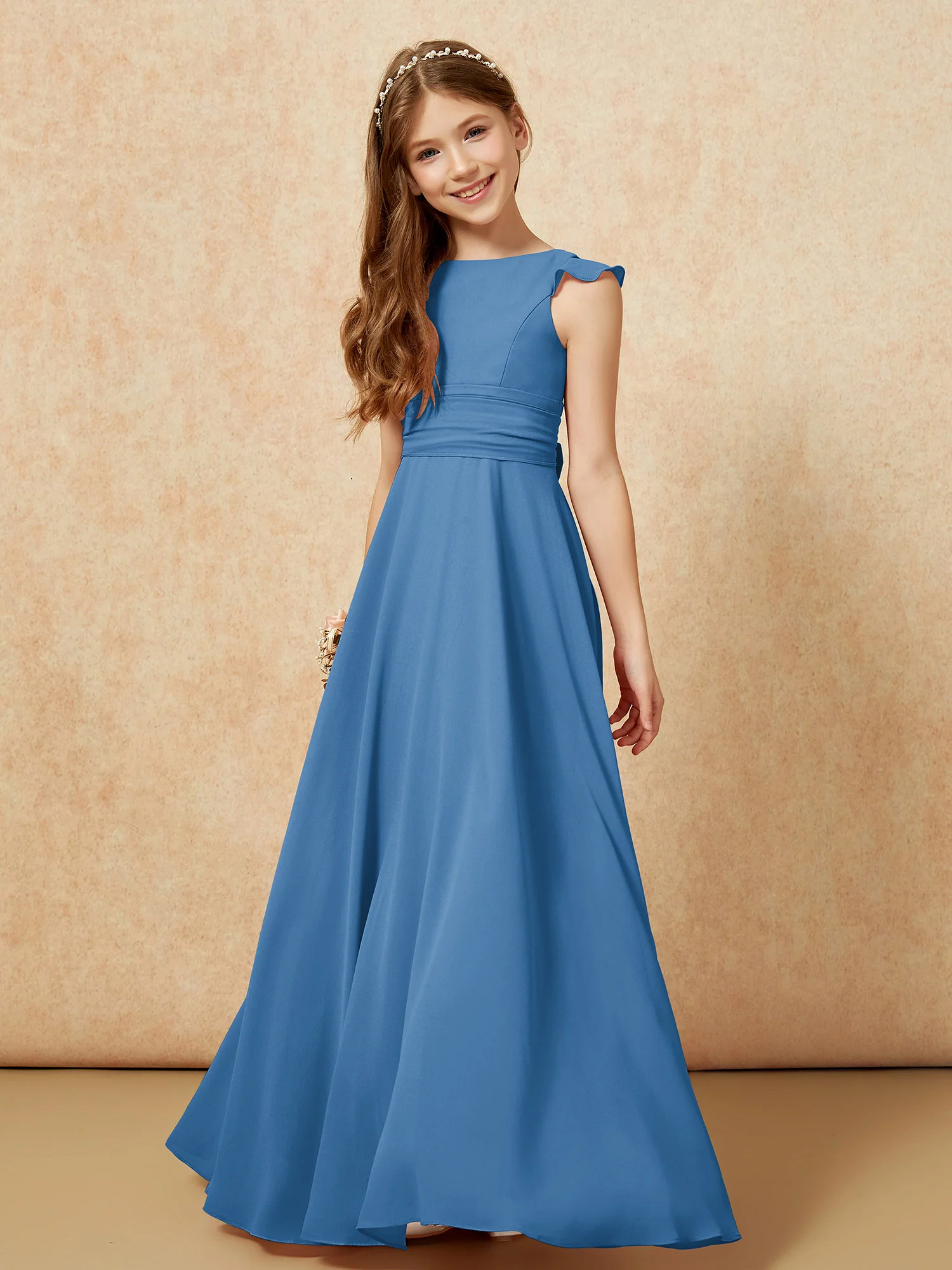 Jewel Neck Flutter Sleeves Chiffon Junior Bridesmaid Dresses Ink Blue - Image 4