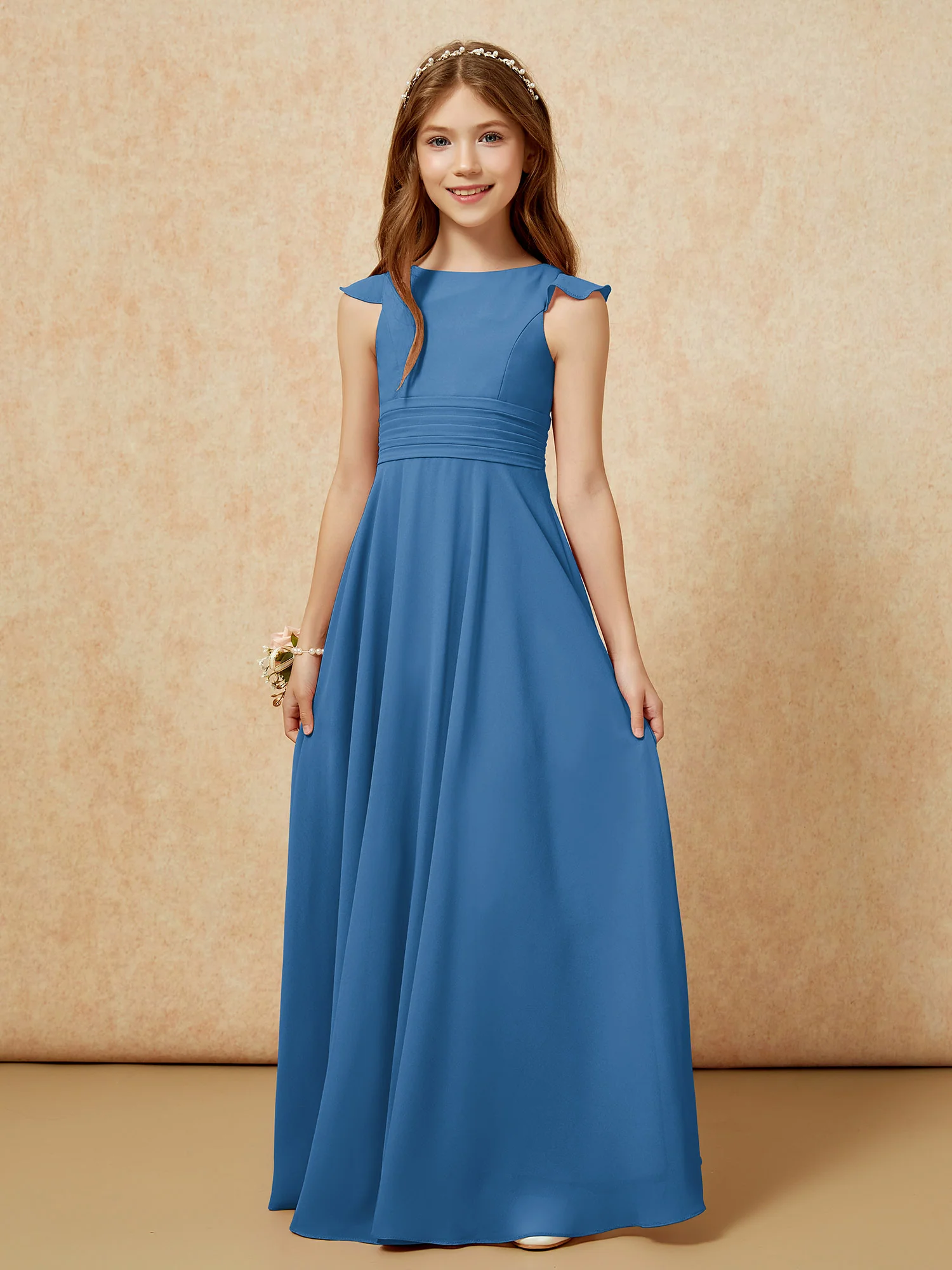 Jewel Neck Flutter Sleeves Chiffon Junior Bridesmaid Dresses Ink Blue - Image 6