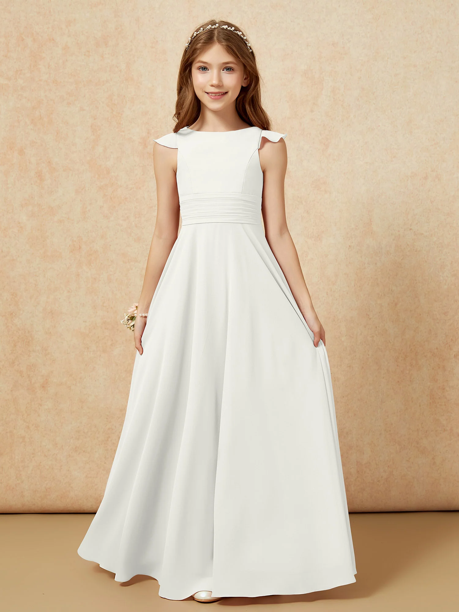 Jewel Neck Flutter Sleeves Chiffon Junior Bridesmaid Dresses Ivory