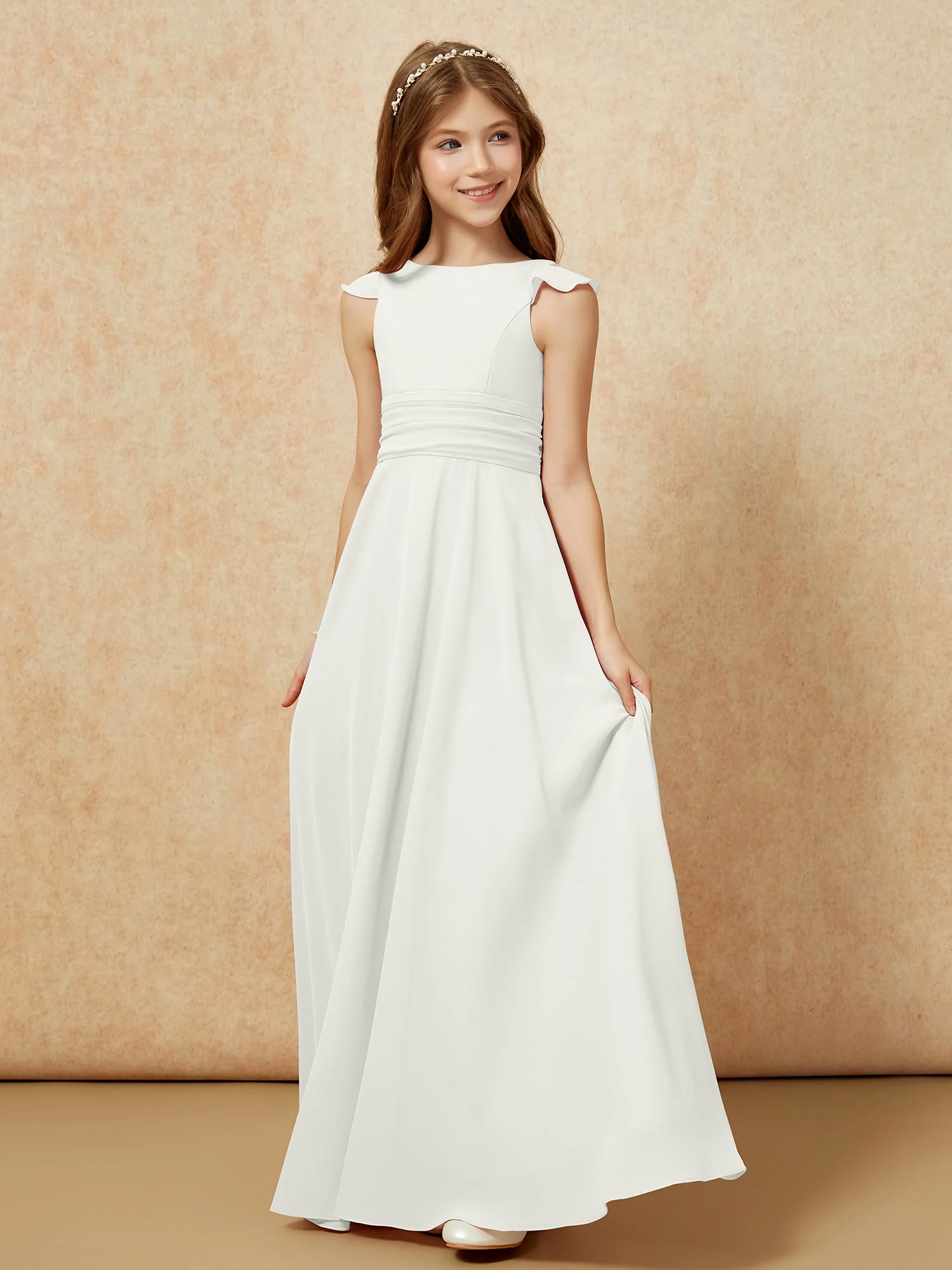 Jewel Neck Flutter Sleeves Chiffon Junior Bridesmaid Dresses Ivory - Image 3