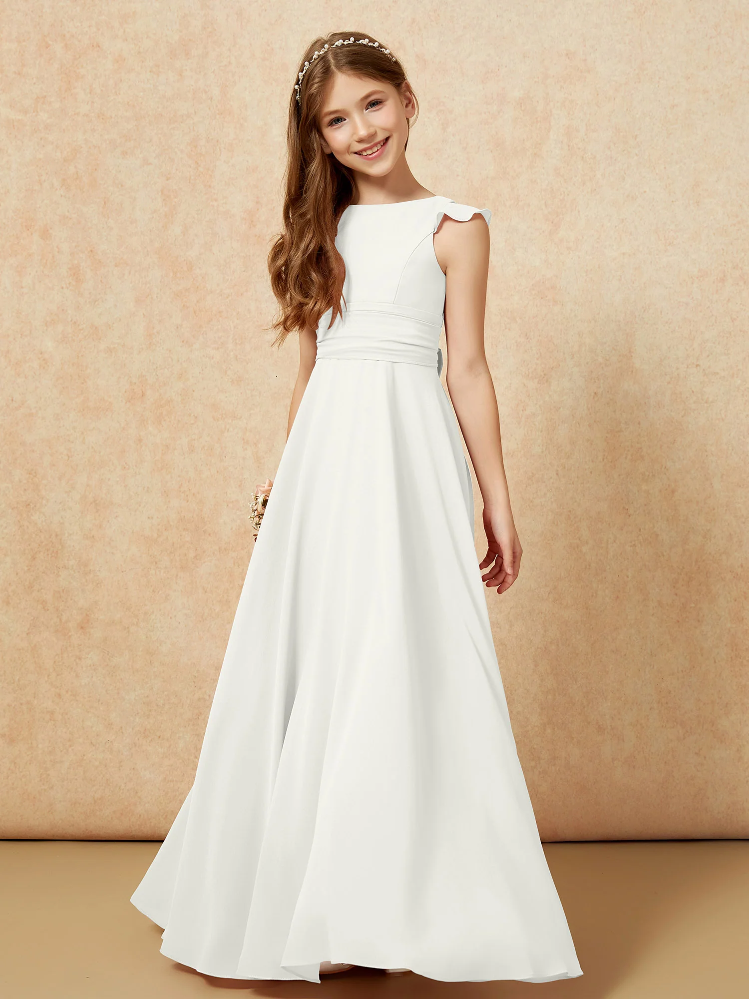 Jewel Neck Flutter Sleeves Chiffon Junior Bridesmaid Dresses Ivory - Image 4
