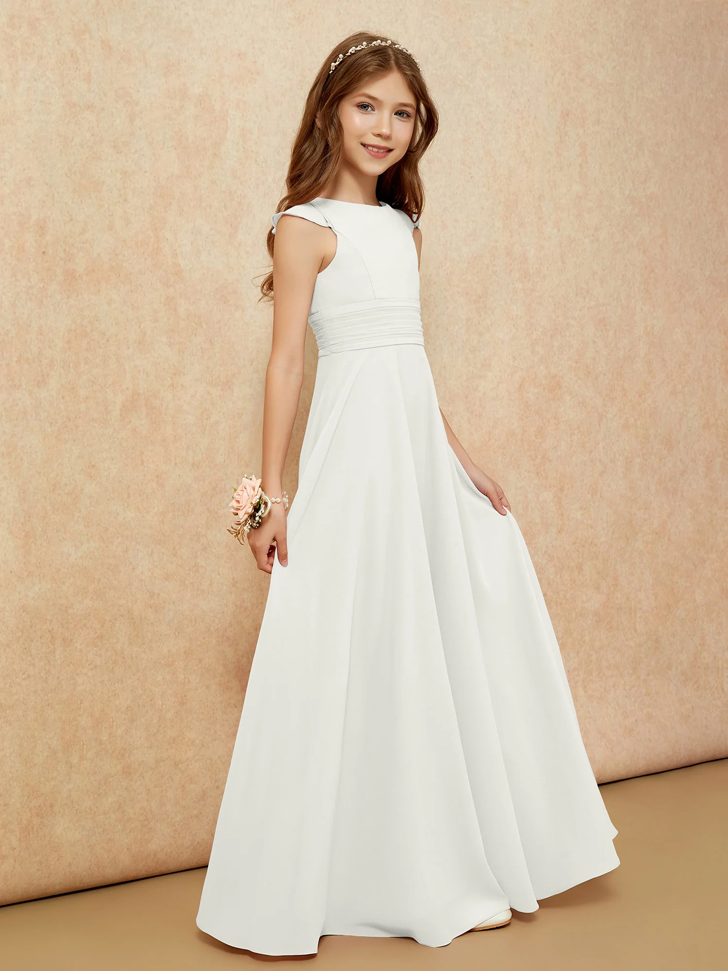 Jewel Neck Flutter Sleeves Chiffon Junior Bridesmaid Dresses Ivory - Image 5