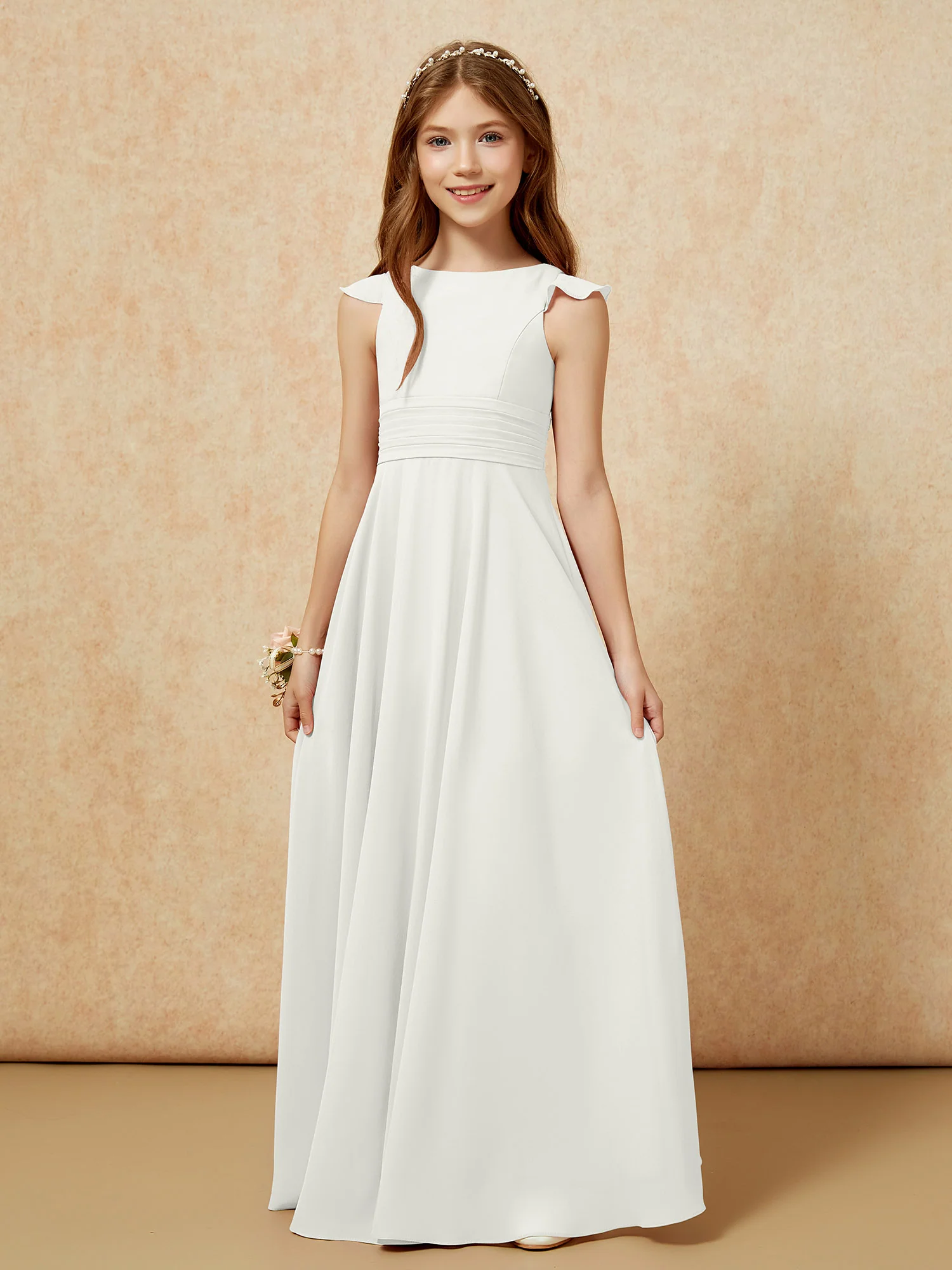 Jewel Neck Flutter Sleeves Chiffon Junior Bridesmaid Dresses Ivory - Image 6