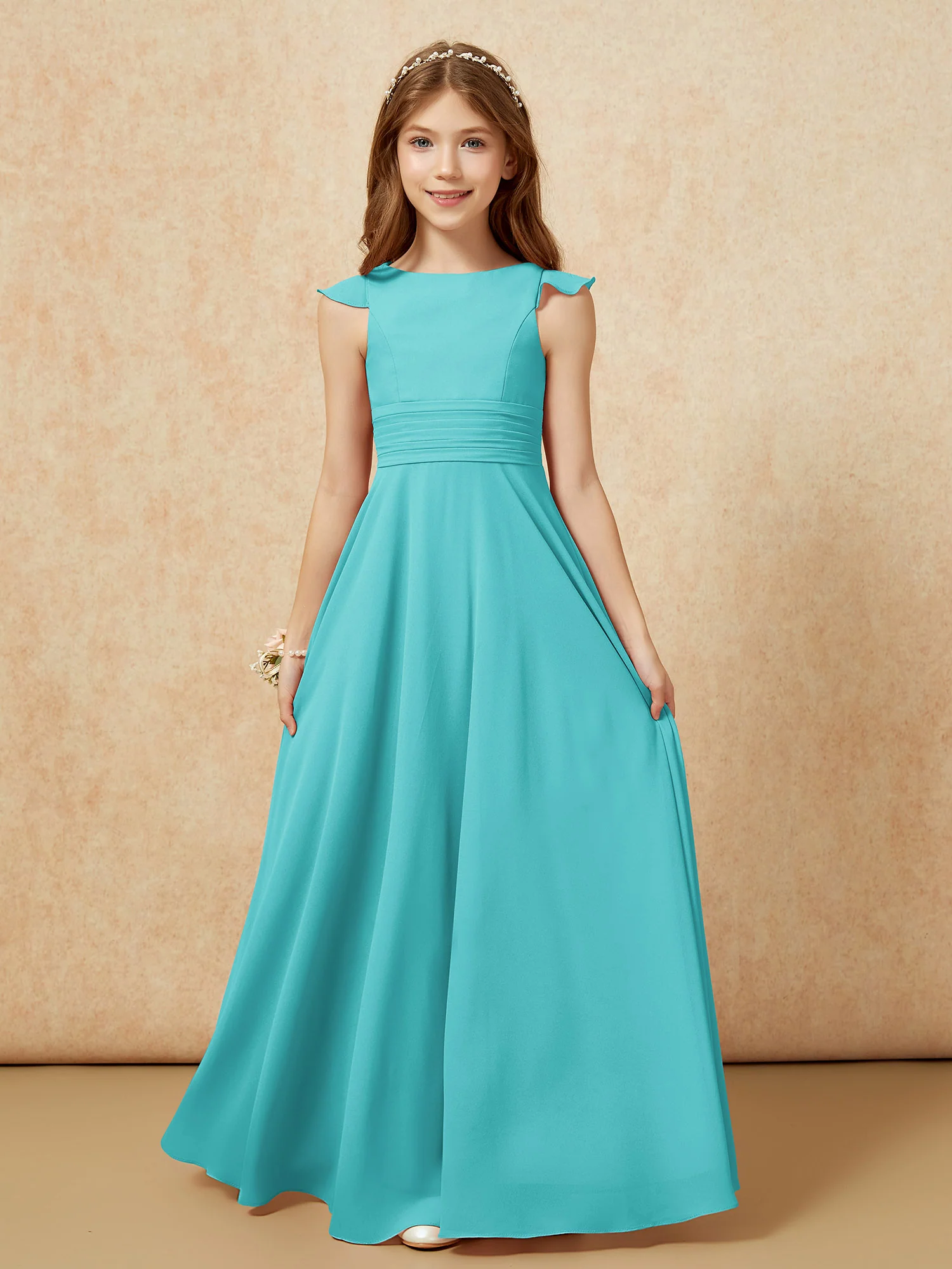 Jewel Neck Flutter Sleeves Chiffon Junior Bridesmaid Dresses Jade