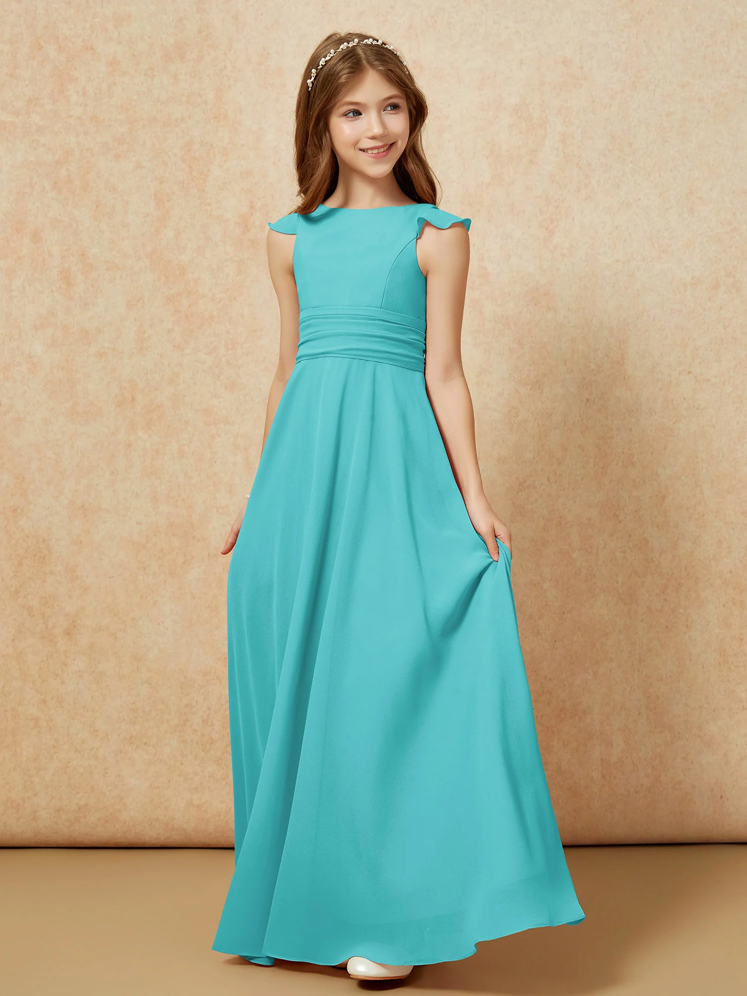 Jewel Neck Flutter Sleeves Chiffon Junior Bridesmaid Dresses Jade - Image 3