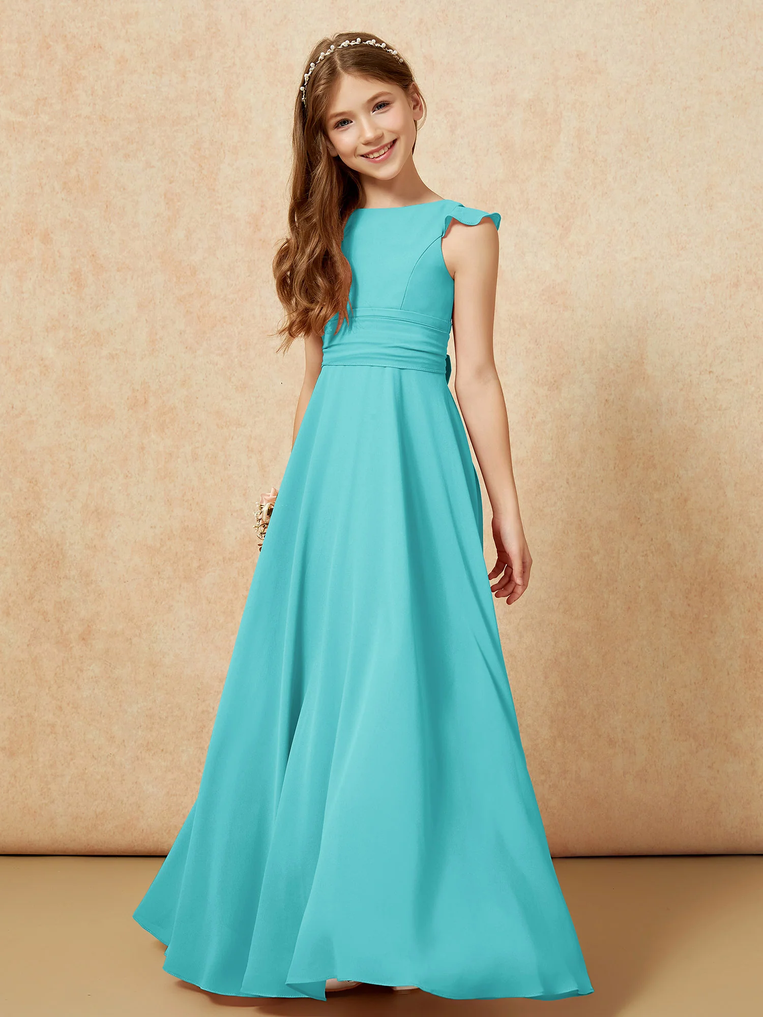 Jewel Neck Flutter Sleeves Chiffon Junior Bridesmaid Dresses Jade - Image 4
