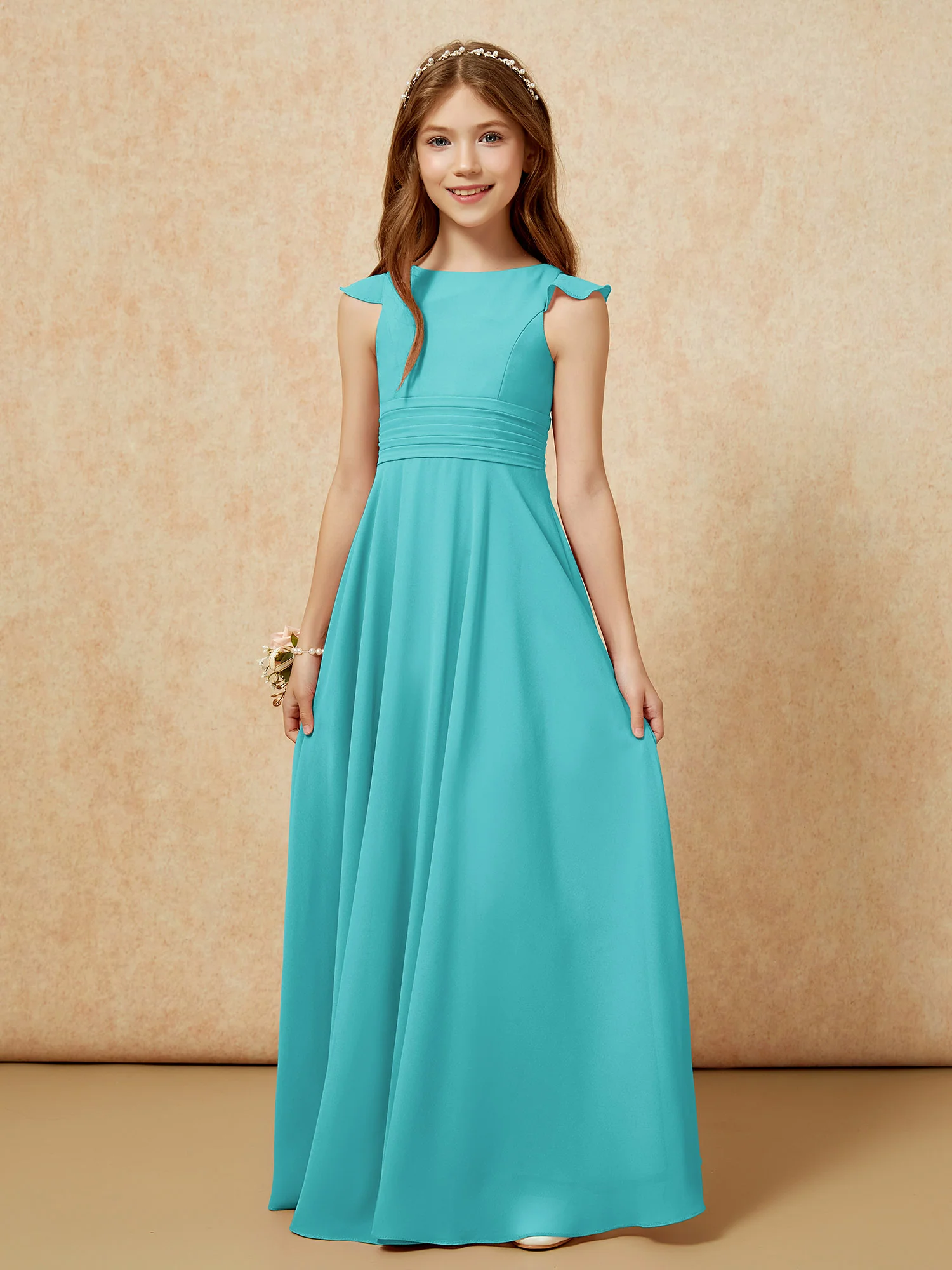 Jewel Neck Flutter Sleeves Chiffon Junior Bridesmaid Dresses Jade - Image 6