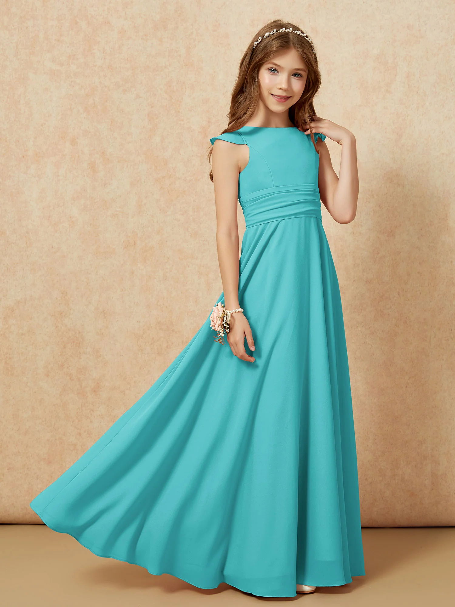 Jewel Neck Flutter Sleeves Chiffon Junior Bridesmaid Dresses Jade - Image 7
