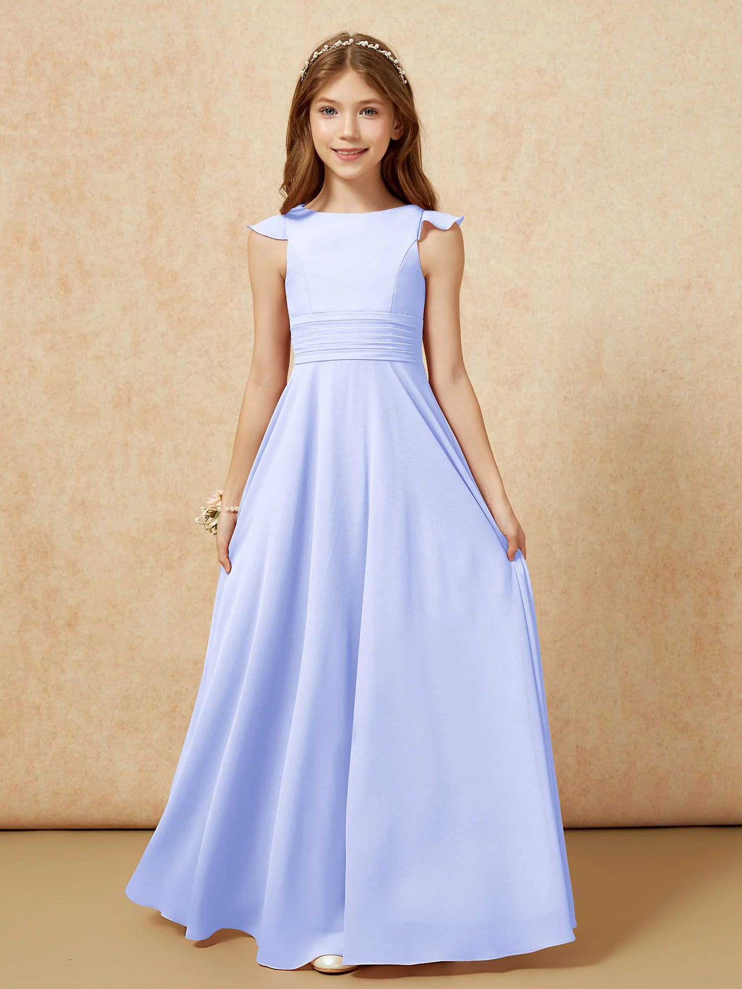 Jewel Neck Flutter Sleeves Chiffon Junior Bridesmaid Dresses Lavender