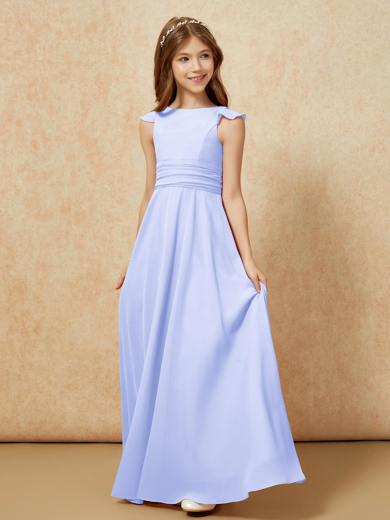 Jewel Neck Flutter Sleeves Chiffon Junior Bridesmaid Dresses Lavender - Image 3