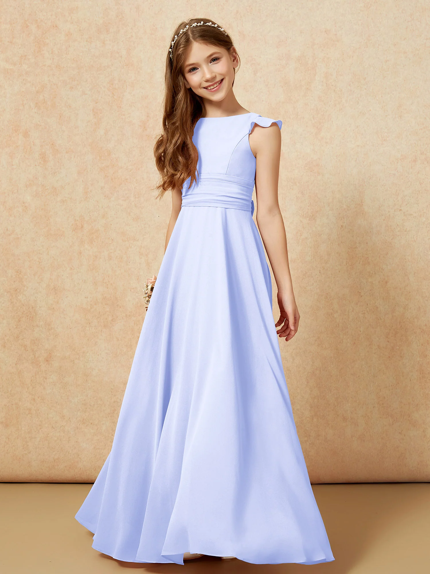 Jewel Neck Flutter Sleeves Chiffon Junior Bridesmaid Dresses Lavender - Image 4