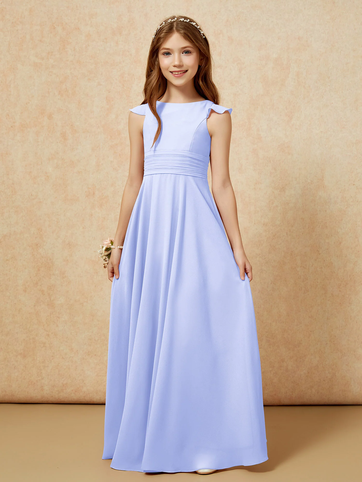 Jewel Neck Flutter Sleeves Chiffon Junior Bridesmaid Dresses Lavender - Image 6