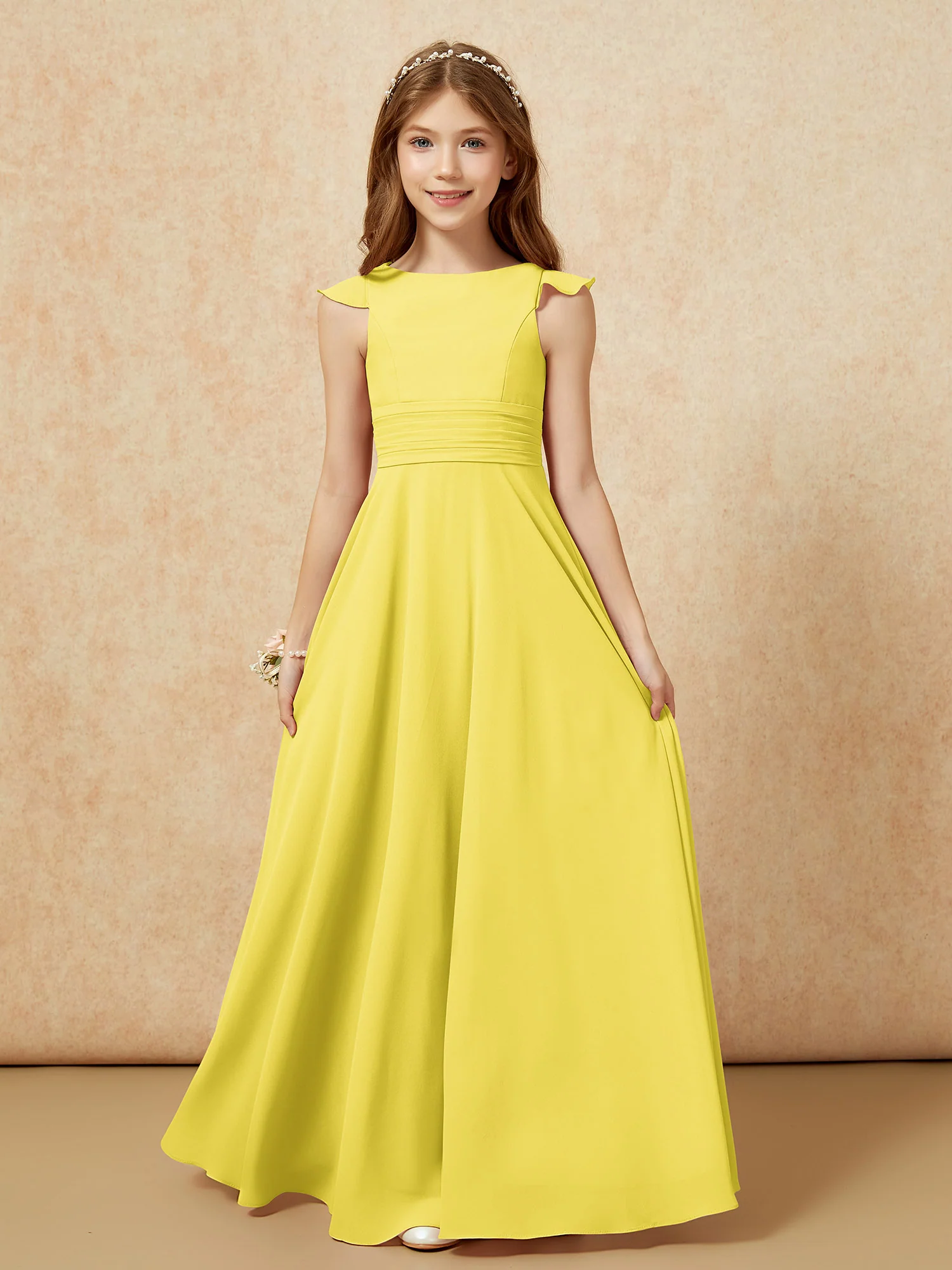 Jewel Neck Flutter Sleeves Chiffon Junior Bridesmaid Dresses Lemon