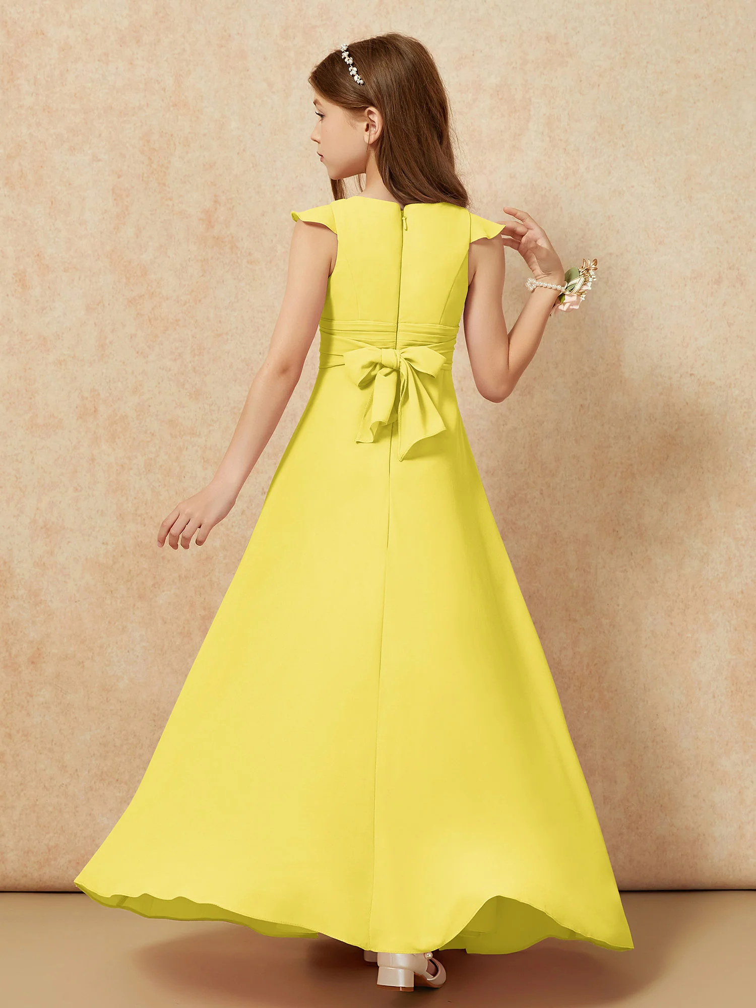 Jewel Neck Flutter Sleeves Chiffon Junior Bridesmaid Dresses Lemon - Image 2