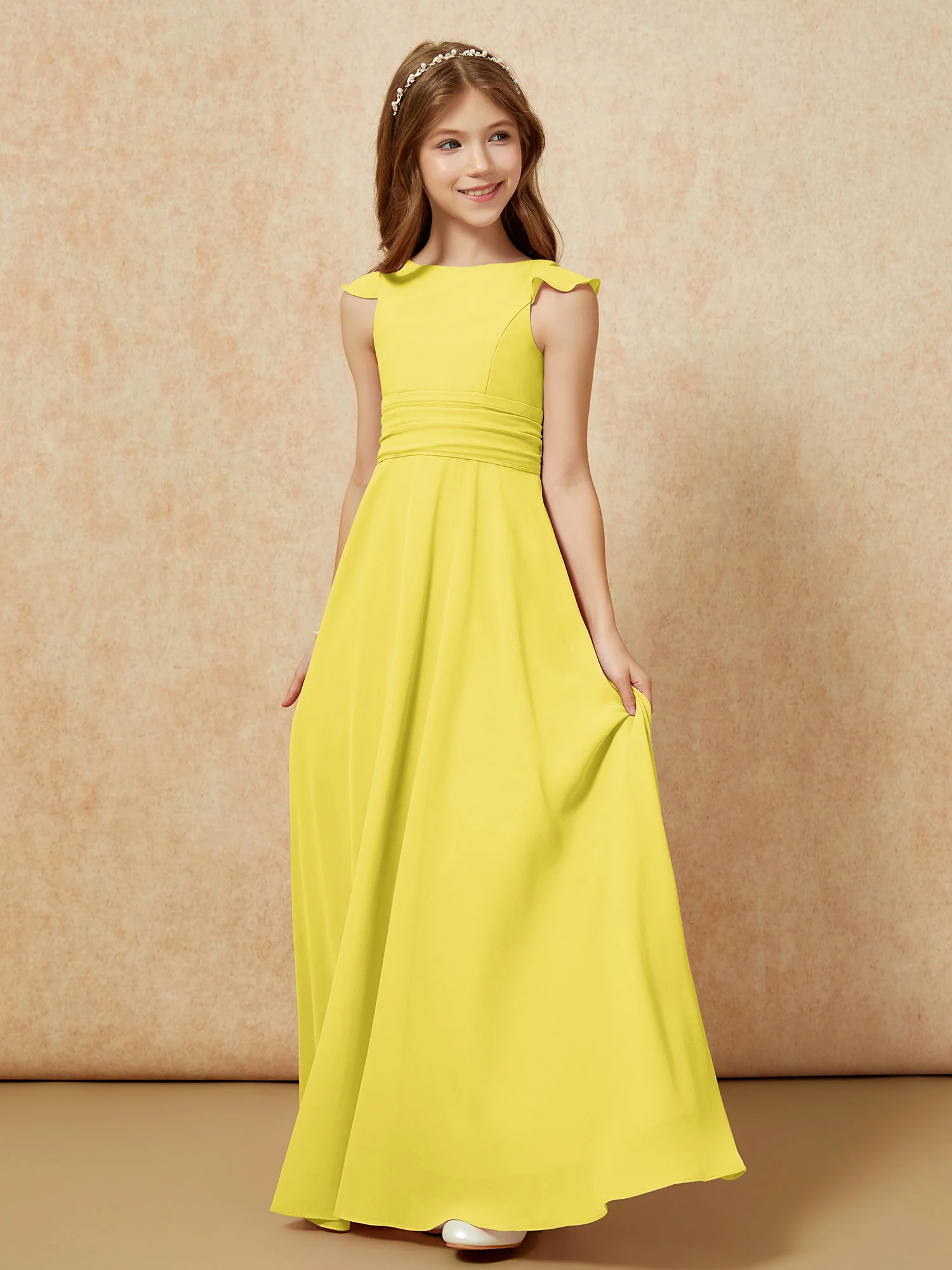 Jewel Neck Flutter Sleeves Chiffon Junior Bridesmaid Dresses Lemon - Image 3