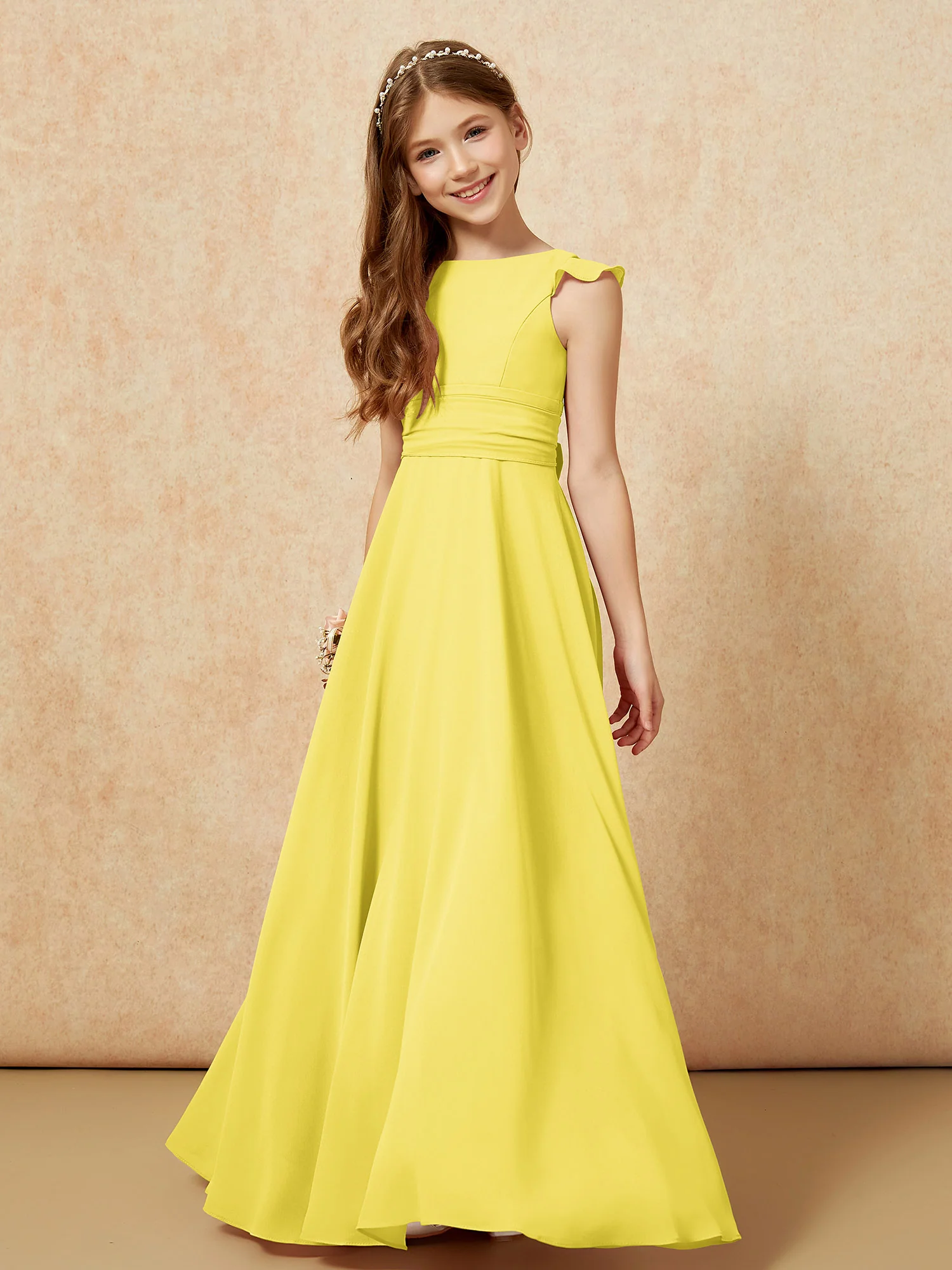 Jewel Neck Flutter Sleeves Chiffon Junior Bridesmaid Dresses Lemon - Image 4