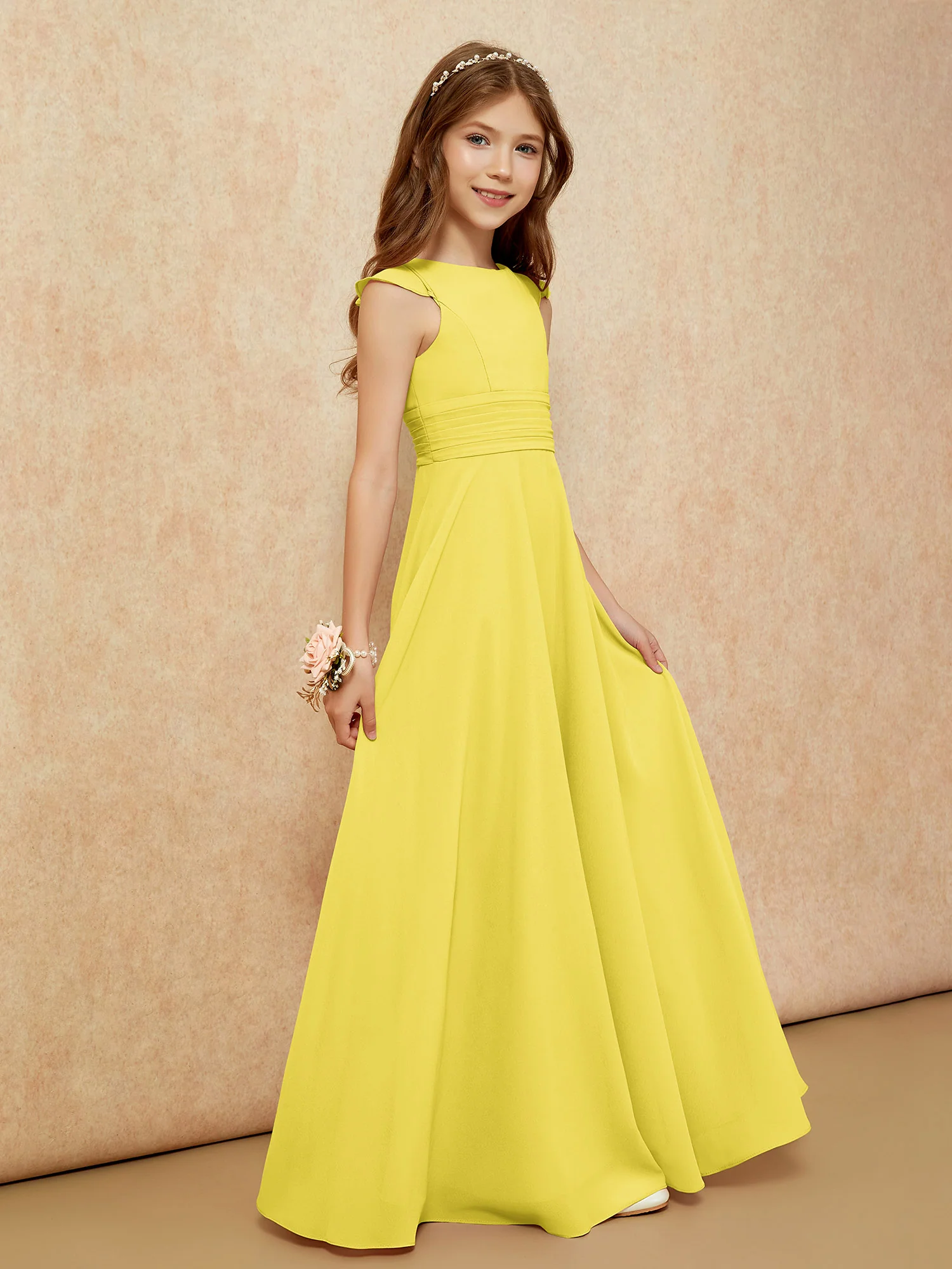 Jewel Neck Flutter Sleeves Chiffon Junior Bridesmaid Dresses Lemon - Image 5