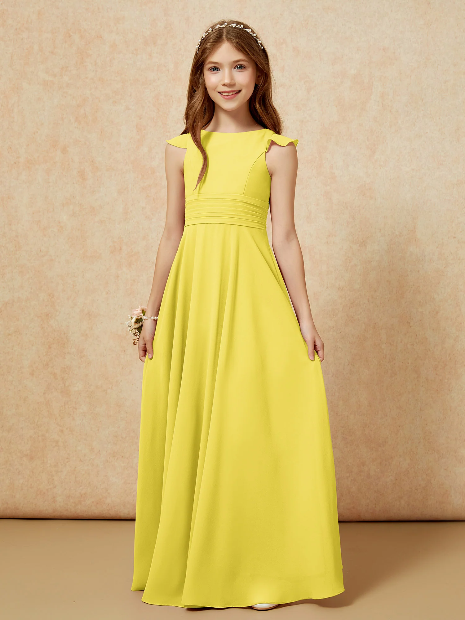 Jewel Neck Flutter Sleeves Chiffon Junior Bridesmaid Dresses Lemon - Image 6
