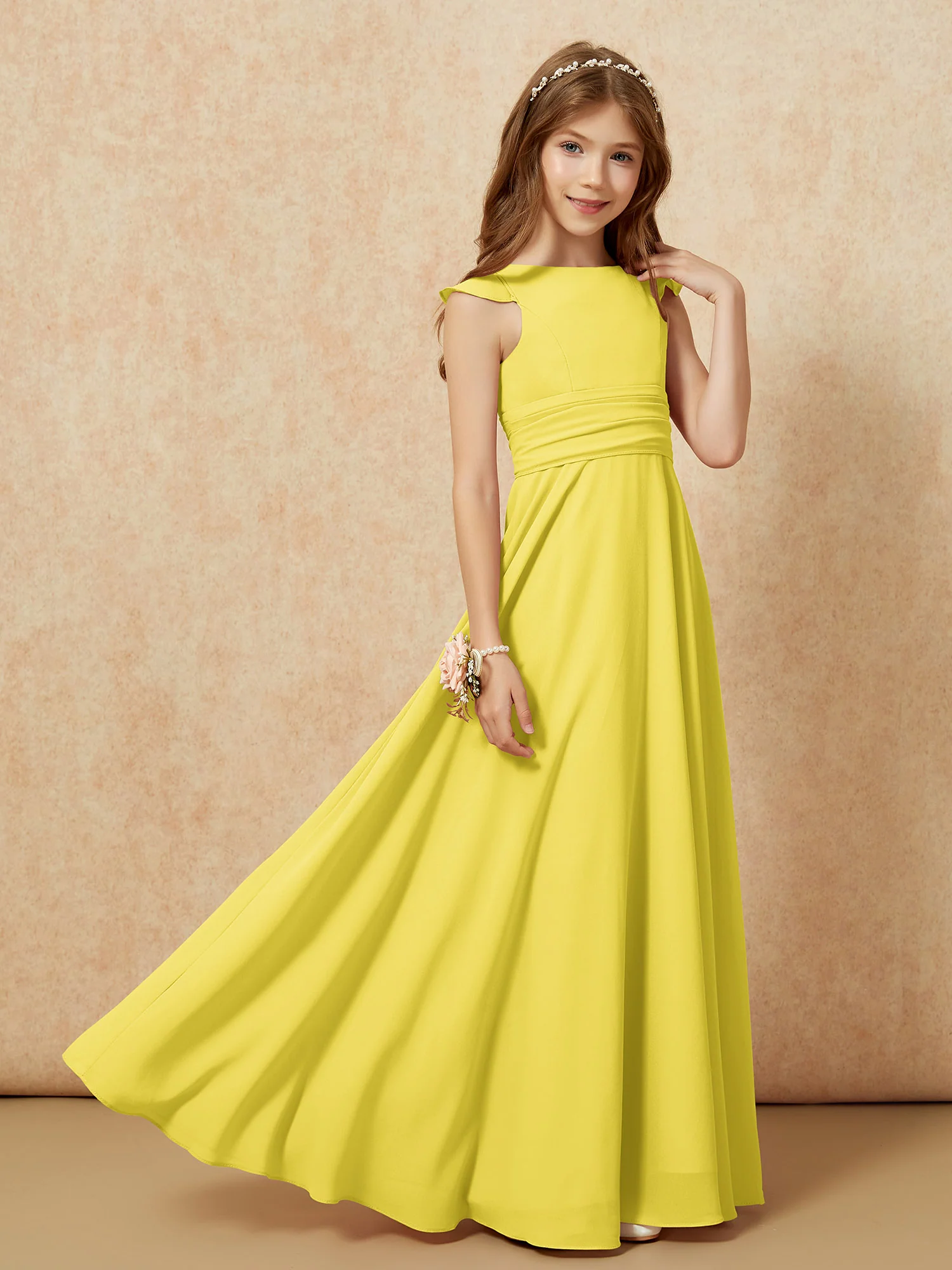 Jewel Neck Flutter Sleeves Chiffon Junior Bridesmaid Dresses Lemon - Image 7