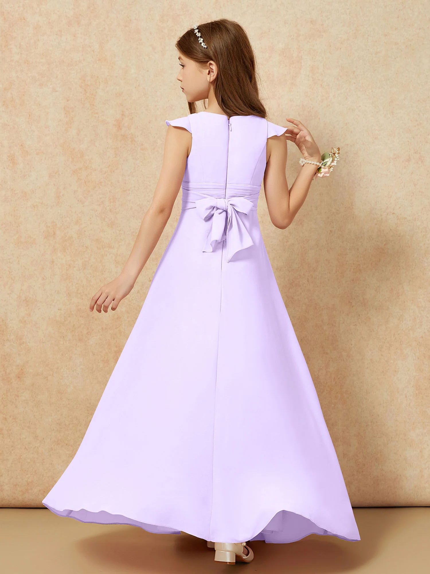 Jewel Neck Flutter Sleeves Chiffon Junior Bridesmaid Dresses Lilac - Image 2