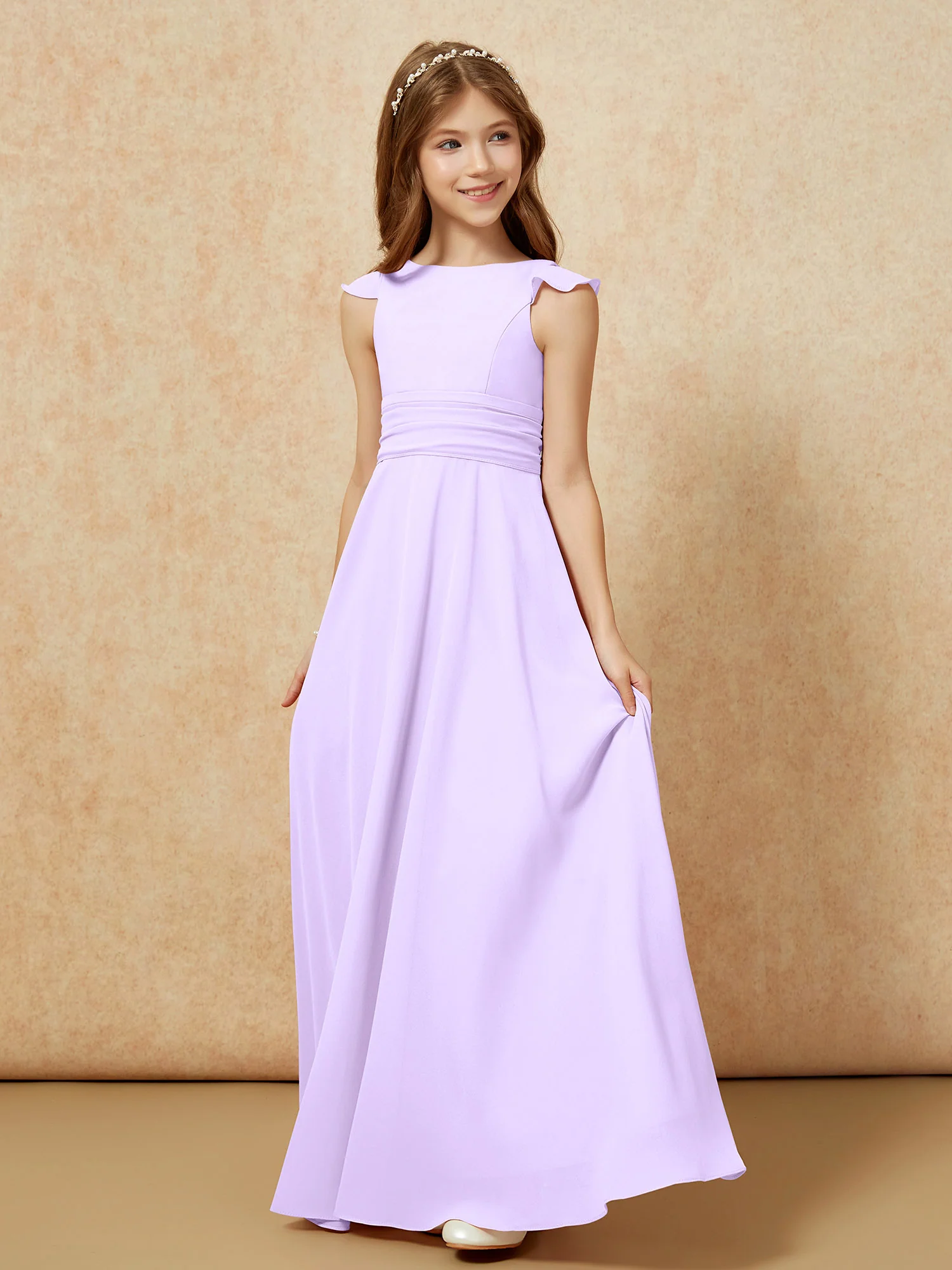 Jewel Neck Flutter Sleeves Chiffon Junior Bridesmaid Dresses Lilac - Image 3