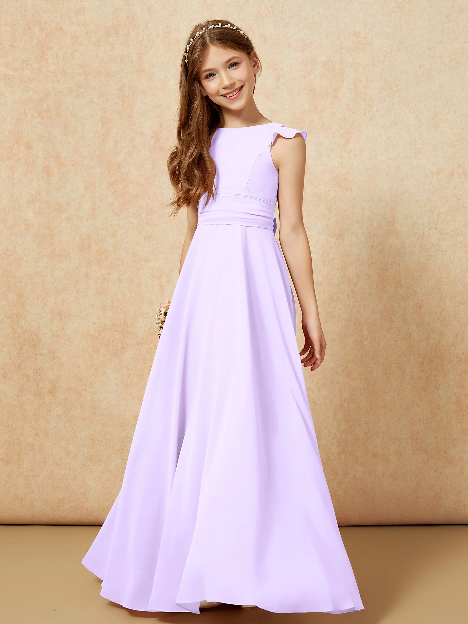 Jewel Neck Flutter Sleeves Chiffon Junior Bridesmaid Dresses Lilac - Image 4