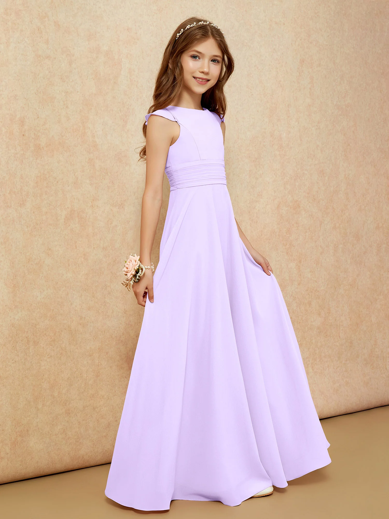 Jewel Neck Flutter Sleeves Chiffon Junior Bridesmaid Dresses Lilac - Image 5