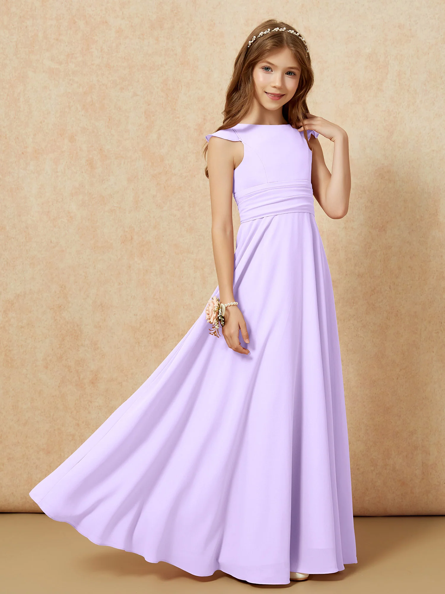Jewel Neck Flutter Sleeves Chiffon Junior Bridesmaid Dresses Lilac - Image 7