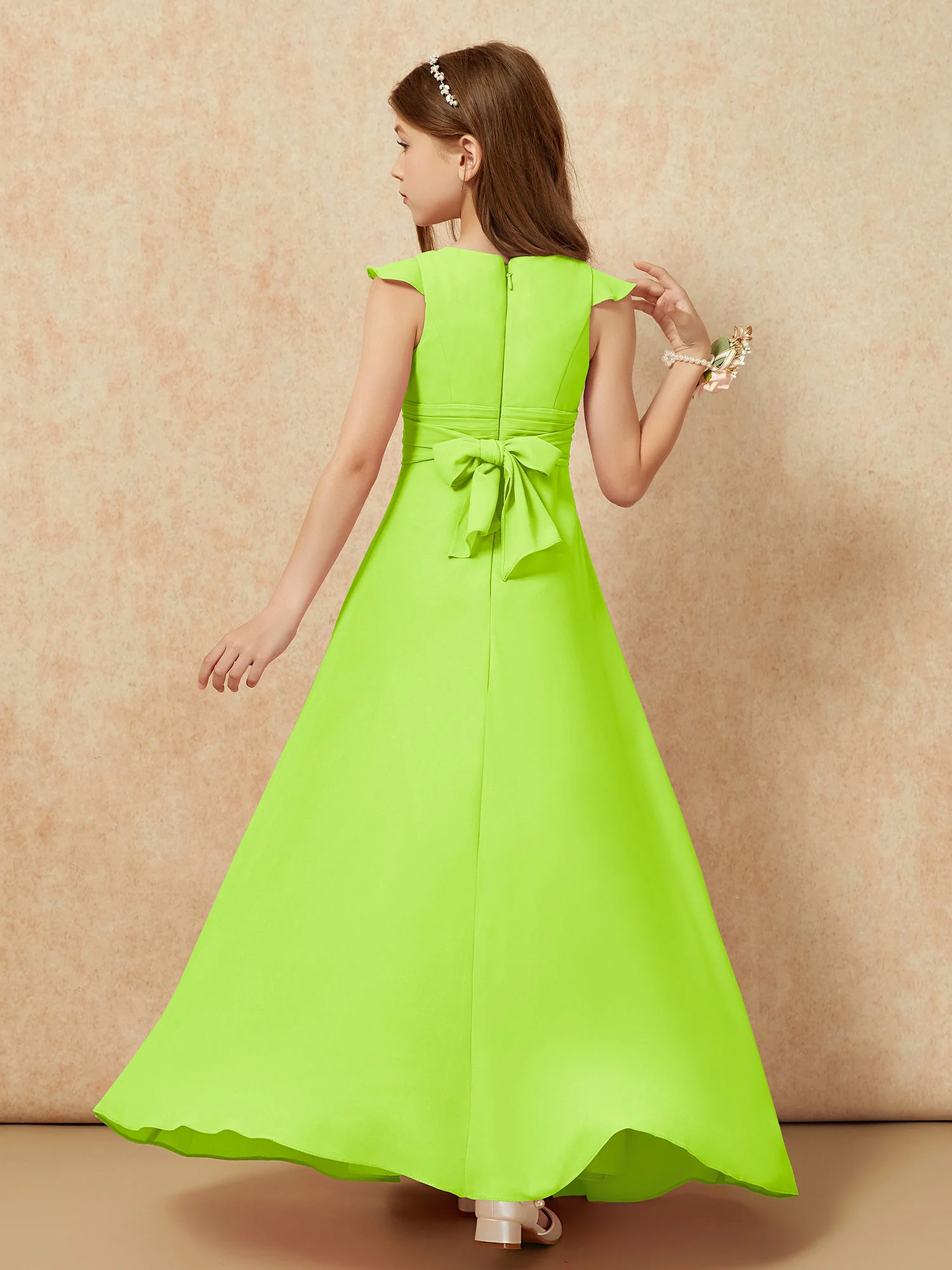Jewel Neck Flutter Sleeves Chiffon Junior Bridesmaid Dresses Lime Green - Image 2